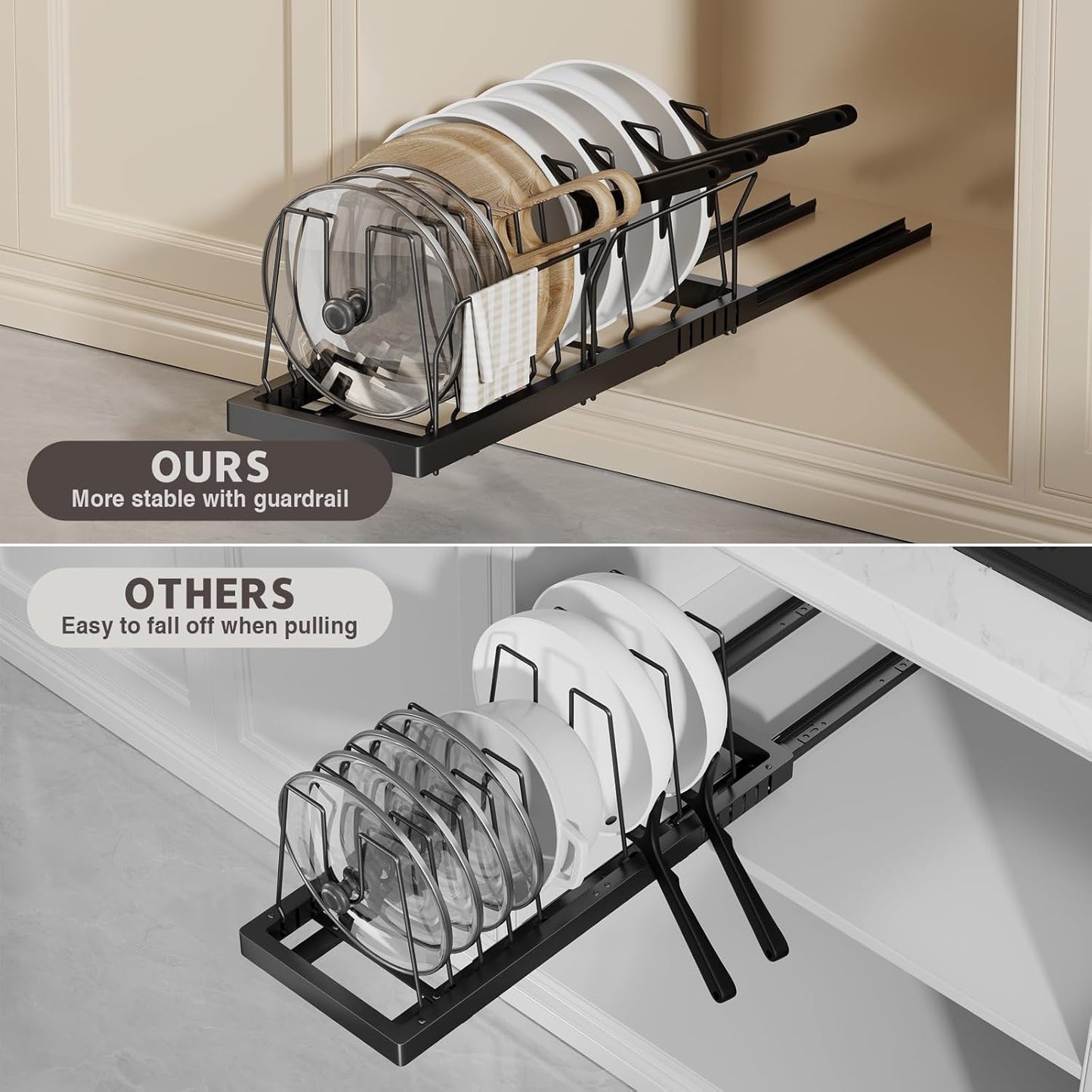 Pots and Pans Organizer Under Cabinet, 22" Deep Expandable Pull Out Pot Lid Organizer and Storage with 10 Adjustable Dividers No Drill Pot and Pan Holder Rack with Handle Bracket(1 Pack,Black)