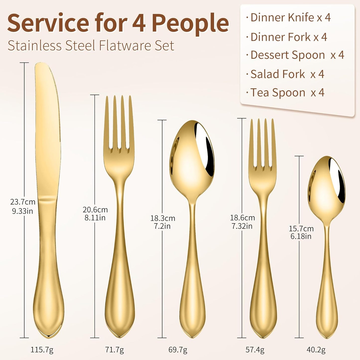 20-Pieces 18/10 Stainless Steel Silverware Set, Gold Stainless Steel Flatware for 4, Heavy Duty Silverware, Dishwasher Safe, Ideal for Gift