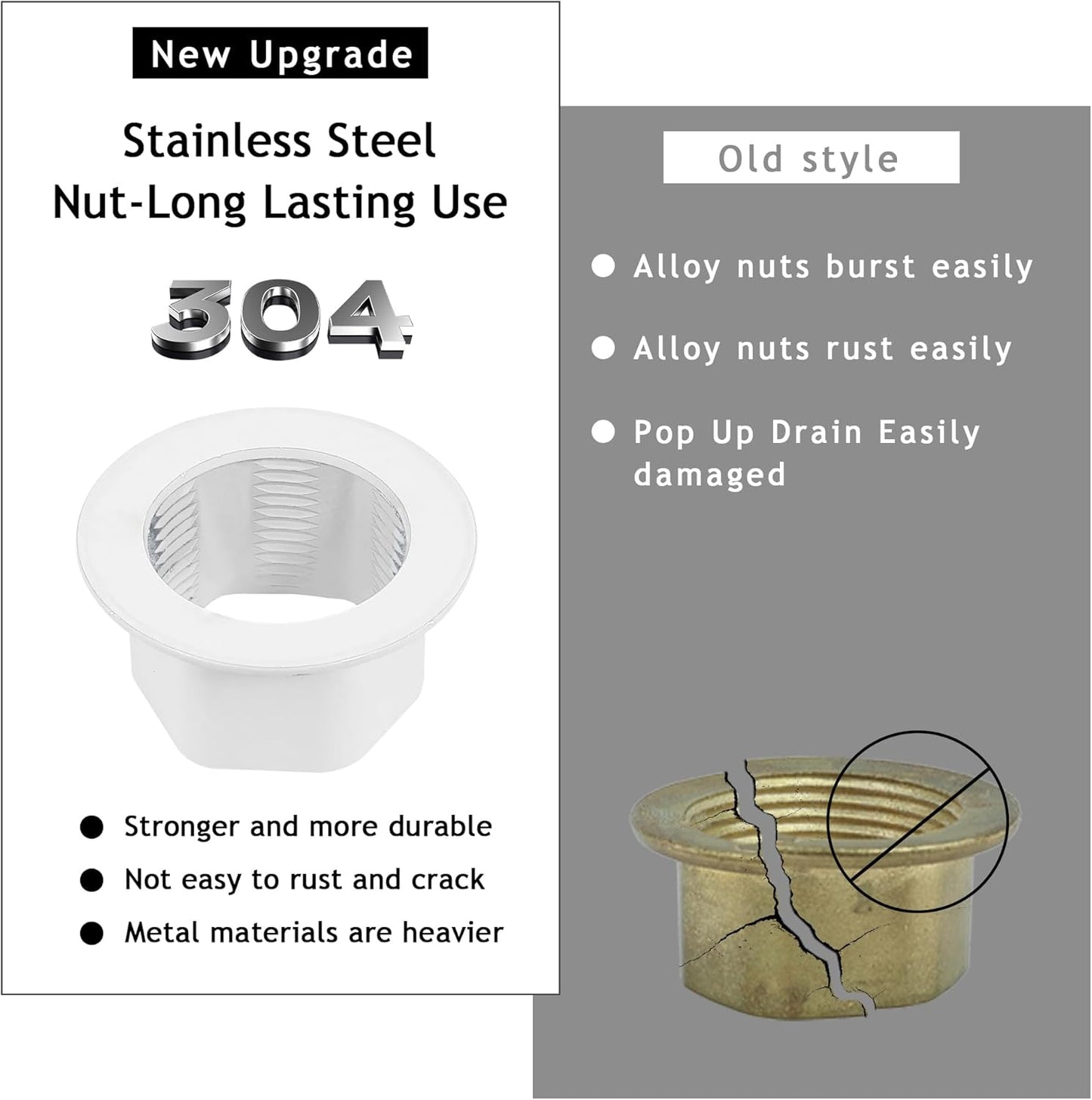 Bathroom Sink Drain,Drain Stopper Bathroom Sink Without Overflow,Pop Up Drain Assembly with Detachable Strainer Basket,Built-in Anti-Clogging, Stainless Steel Nut White