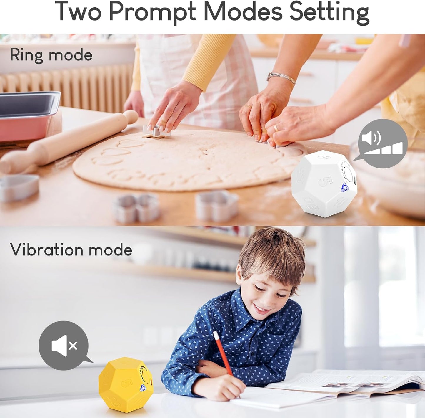 Pomodoro Timer - 11 Preset Productivity Timer, Ring/Vibrate Mode Cube for Cooking, Learning, Exercise and Beauty - White