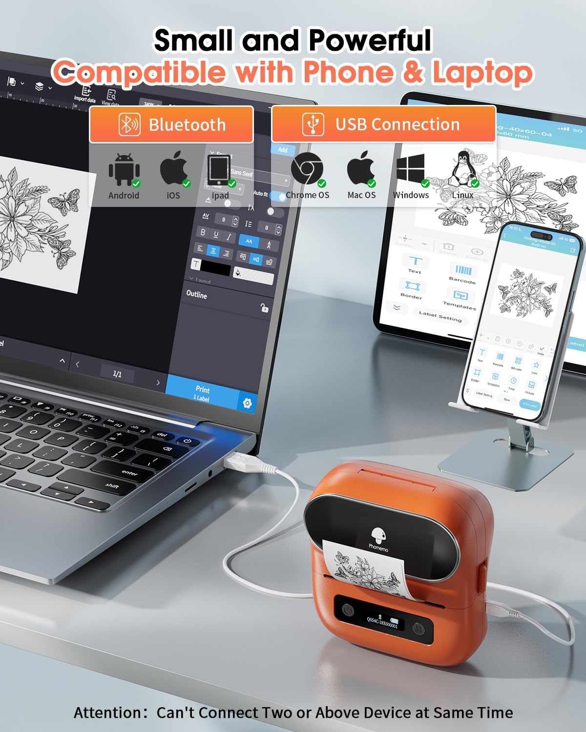 Phomemo M220 Label Printer, Barcode Printer, Bluetooth Thermal Label Maker Machine for Barcodes,Name,Address,Clothing Labeling,for Office Home,Compatible with Phones and Some PC Orange