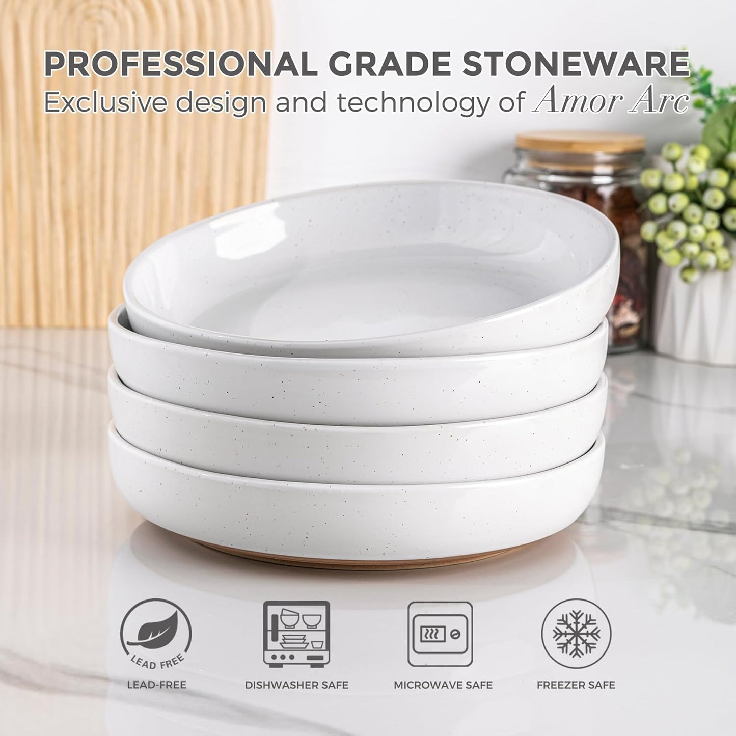 AmorArc 8.75'' Large Ceramic Pasta Bowls, 38oz Handpainted Stoneware Bowls Set of 4, Microwave&Dishwasher Safe Bowls with Rustic Terracotta Underside for Pasta Salad, White