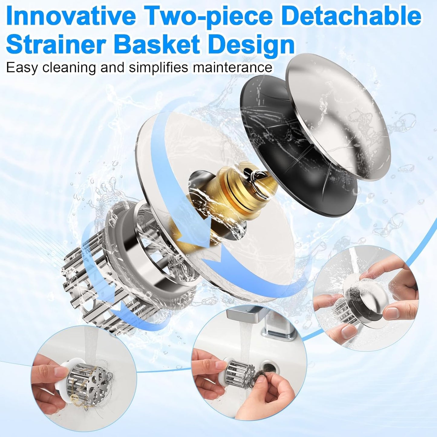 Universal 4 in 1 Bathroom Sink Drain Strainer with Removable Filter Basket, Pop Up Pure Copper Bathroom Sink Stopper, Anti-Clogging Bathroom Drain Stopper Sink Plug (Brushed Nickel)