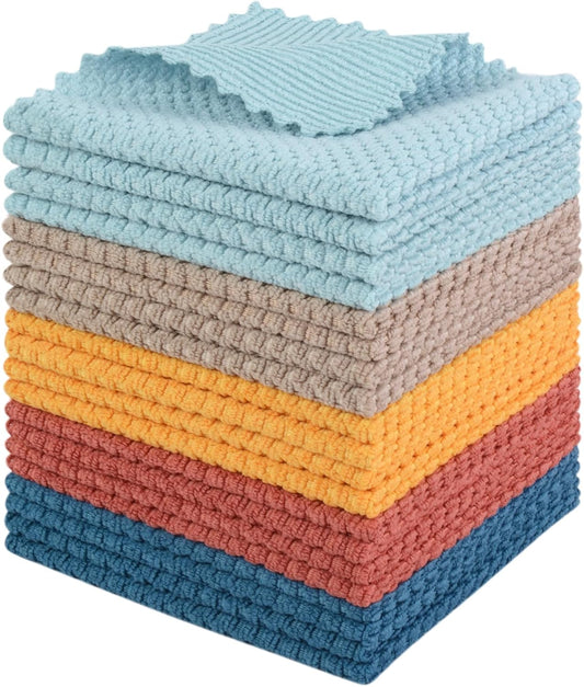 SINLAND Microfiber Dish Cloth for Washing Dishes Rags Best Kitchen Washcloth Cleaning Cloths with Poly Scour Side Popcorn Texture 5 Color Assorted 12Inchx12Inch 20 Pack