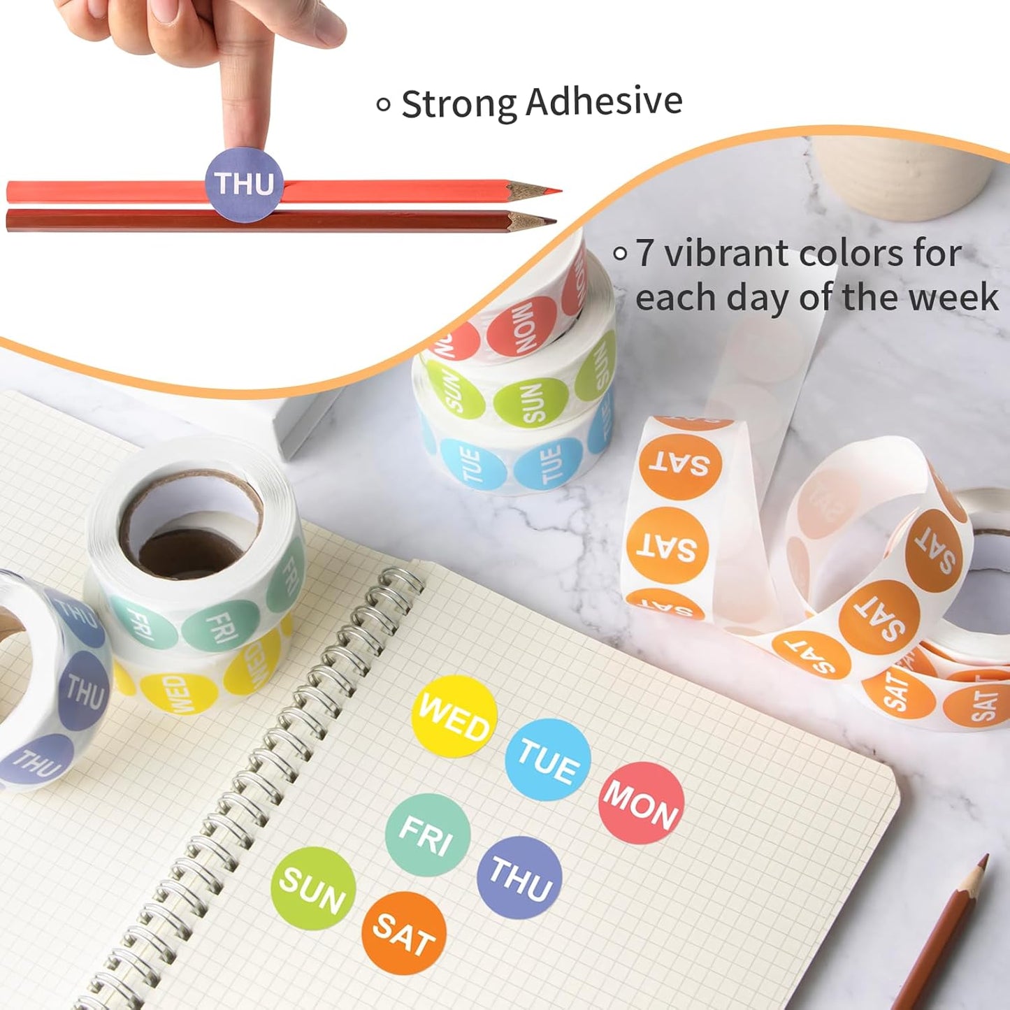 3500PCS 7-Day of The Week Sticker, 1" Round Day Dot Food Rotation Labels - Removable Date Stickers for Food Containers 7 Rolls Self Adhesive(500 Labels/Roll)