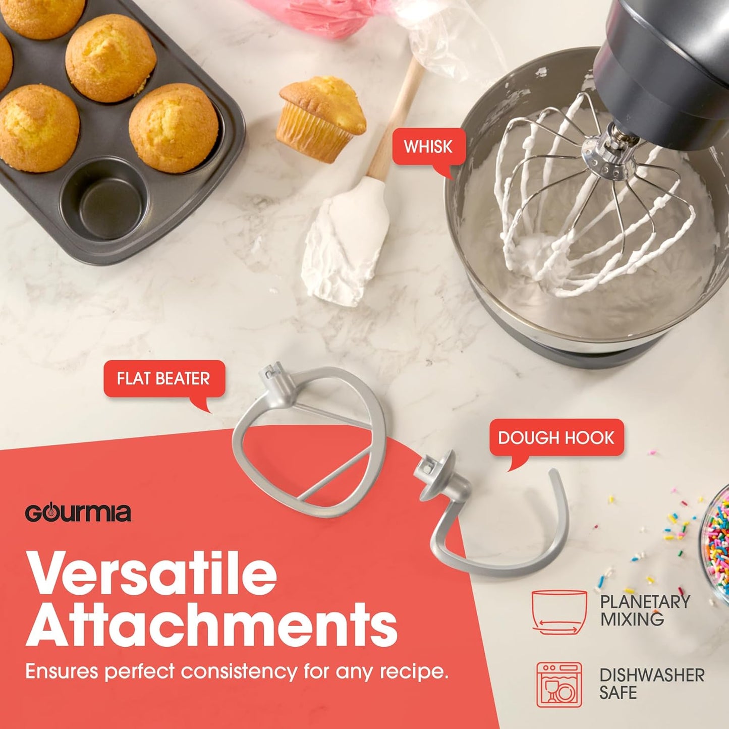 Gourmia 5 Quart Digital Electric Stand Mixer with Attachments, Bowl Shield, Dough Hook, Whisk and Beater - LED Display Timer - 10 Speed Kitchen Countertop Dough Maker Machine for Bread, Cake, Cookies