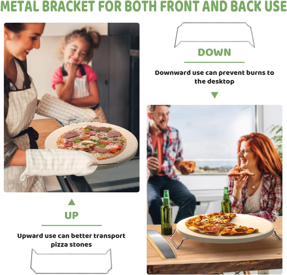 5 PCS Large Pizza Stone Set,Heavy Duty 16" Pizza Stone for Oven and Grill with Handle Rack,Pizza Peel(OAK), Pizza Cutter Rocker & Cooking Paper,Large Baking Stone for Pizza, Bread