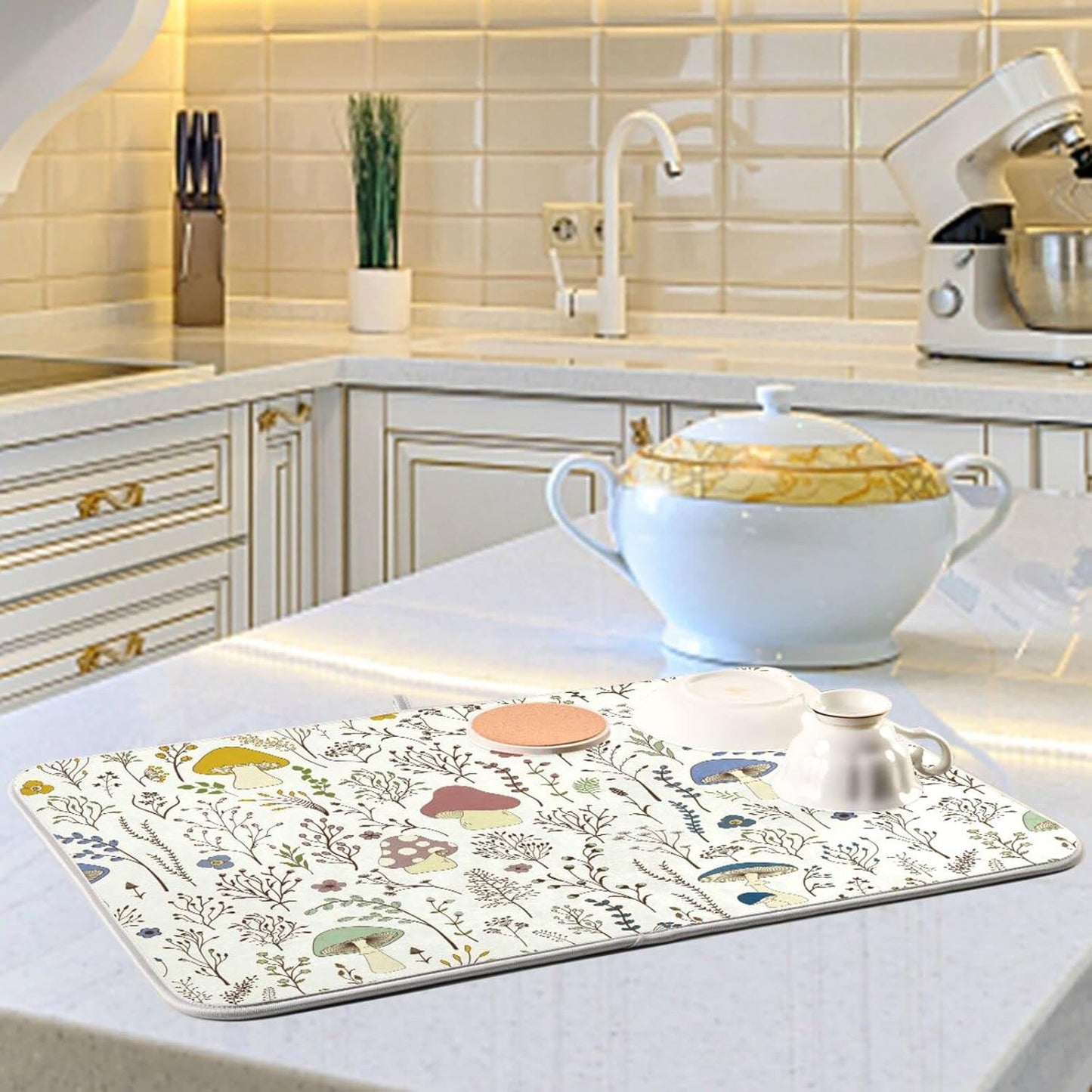 Cute Mushroom Wild Plant Dish Drying Mat for Kitchen Counter Absorbent Microfiber Drying Pad, Medium 16x18 in, Reversible Drainer Mats
