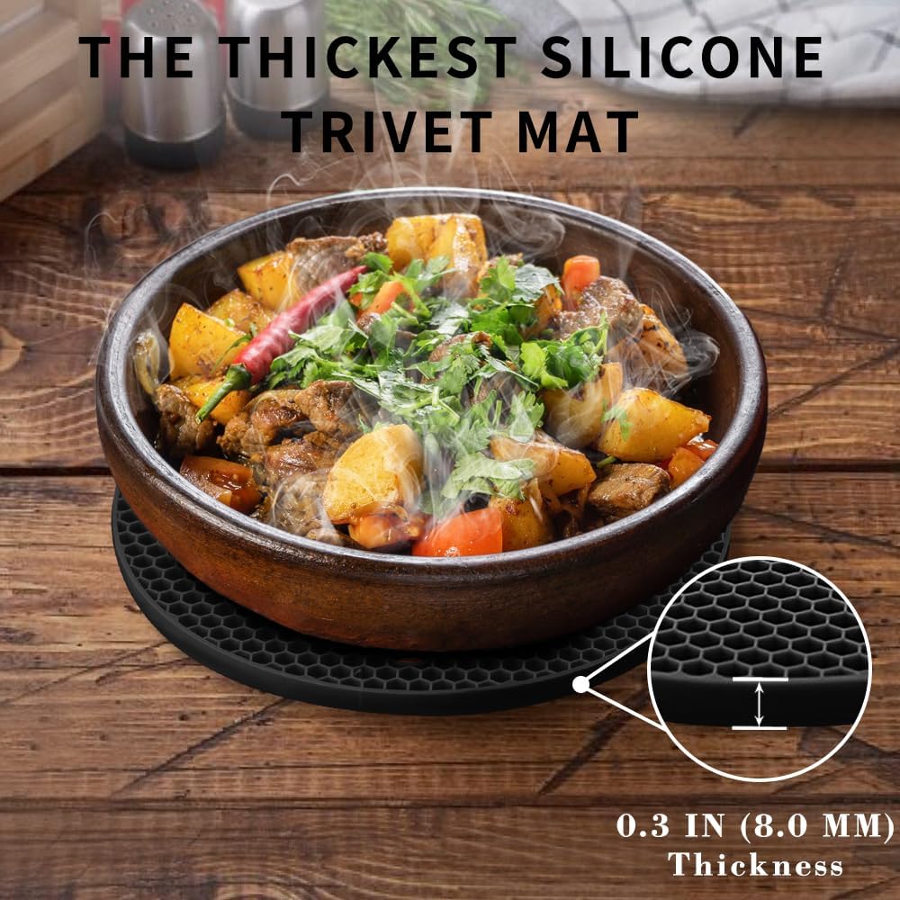 4 Pack Silicone Trivets for Hot Pots and Pans, Pot Holders Hot Pads, Non-Slip & Heat Resistant Silicone Mats for Kitchen Counter, Soft Durable Drying Mat, Jar Opener and Coasters (2 Black+2 Dark Grey)