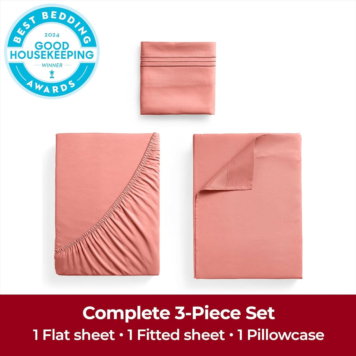 Mellanni Twin XL Sheets Set - 3 PC Iconic Collection Bedding - Hotel Luxury, Extra Soft, Cooling Bed Sheets - Wrinkle, Fade, Stain Resistant (Twin Extra Long, Coral)