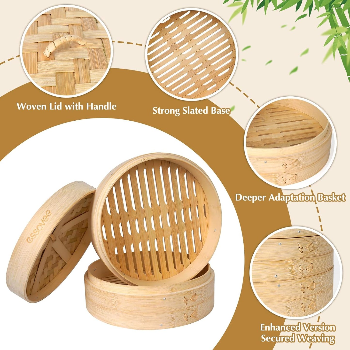 Bamboo Steamer 2 Tier 10-Inch Steaming Basket, Bun Vegetable Steam, Dumpling Steamer Bamboo Steam Basket, Chopsticks, Reusable Silicone Liner, Ring Adapter, for Chinese Asian Cuisine