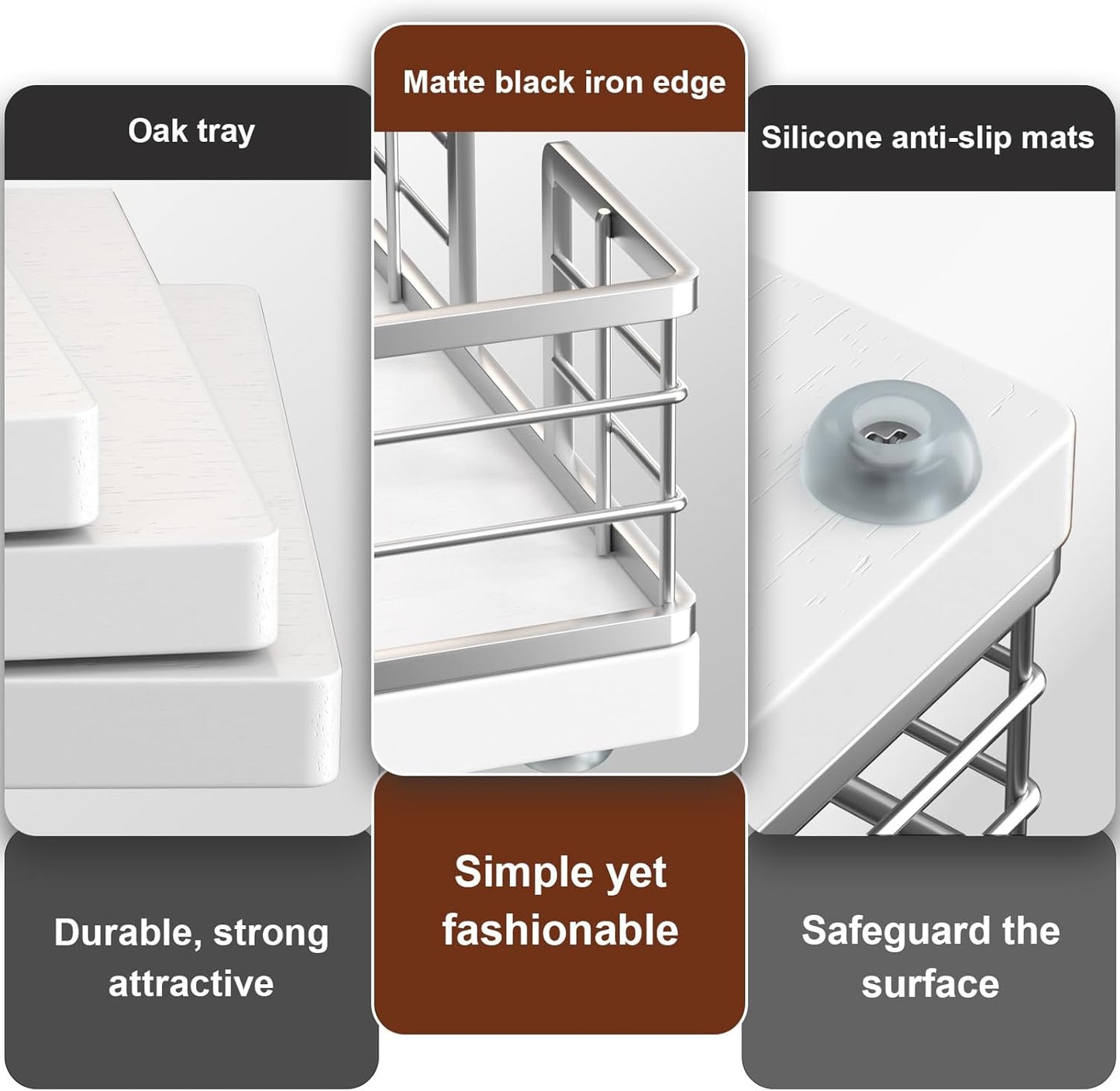 Wican Guest Towel Holder Tray for Bathroom, Oak and Iron Napkins Holder for Powder Room Dinning Table Wooden Basket for Disposable Paper Hand Towels Silvery and White