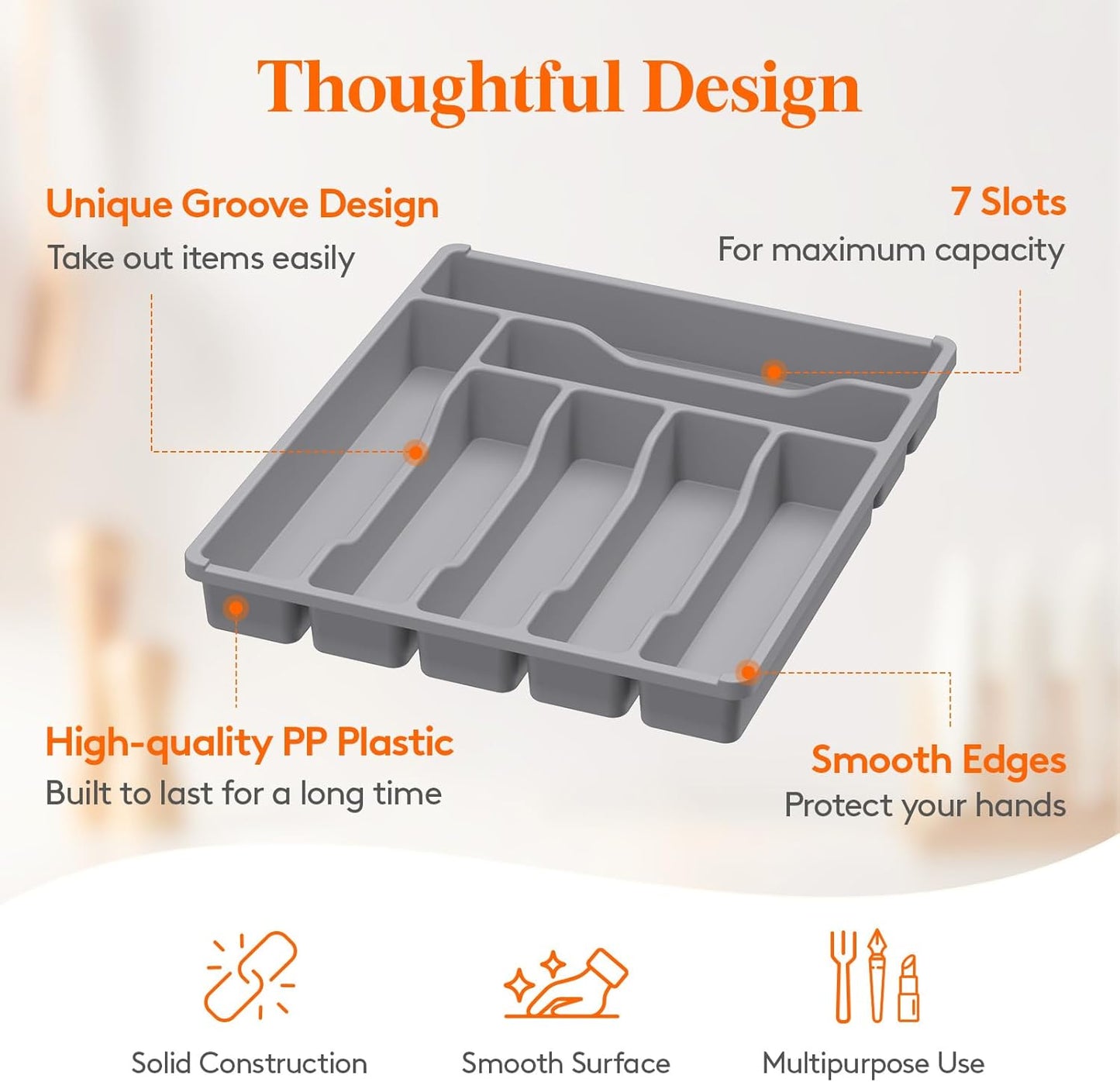 Lifewit Silverware Drawer Organizer Tray, Plastic Cutlery Storage for Kitchen Drawer, Flatware and Utensil Holder Divider for Spoons Forks Knives Tableware, 7 Compartment, Gray