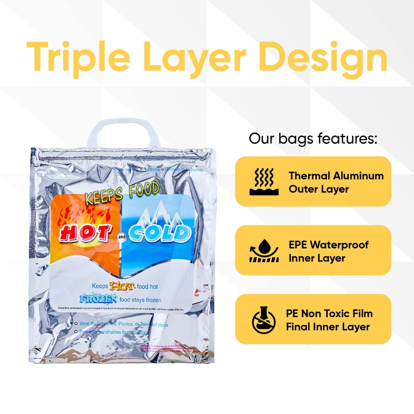 Superio Hot and Cold Insulated Bags for Food Delivery, Grocery Shopping Bags, Food Storage for Hot and Frozen Food for Travel, Disposable Cooler Bag, Reinforced Thermal Lunch Bag (2, 12"x13.5")