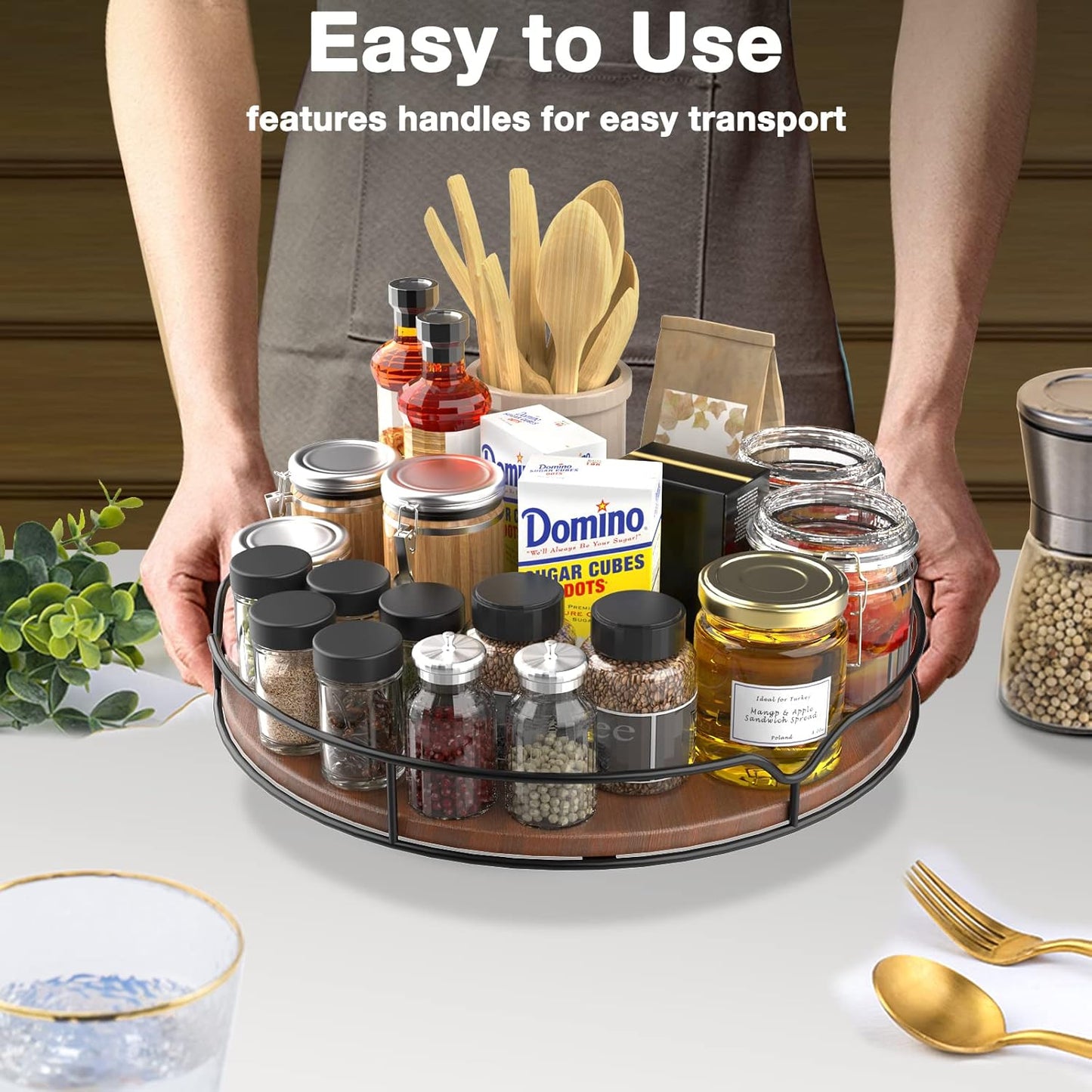 Lazy Susan Turntable Organizer for Cabinet Pantry Kitchen Countertop Refrigerator Cupboard, Pine Wood, 12", Brown