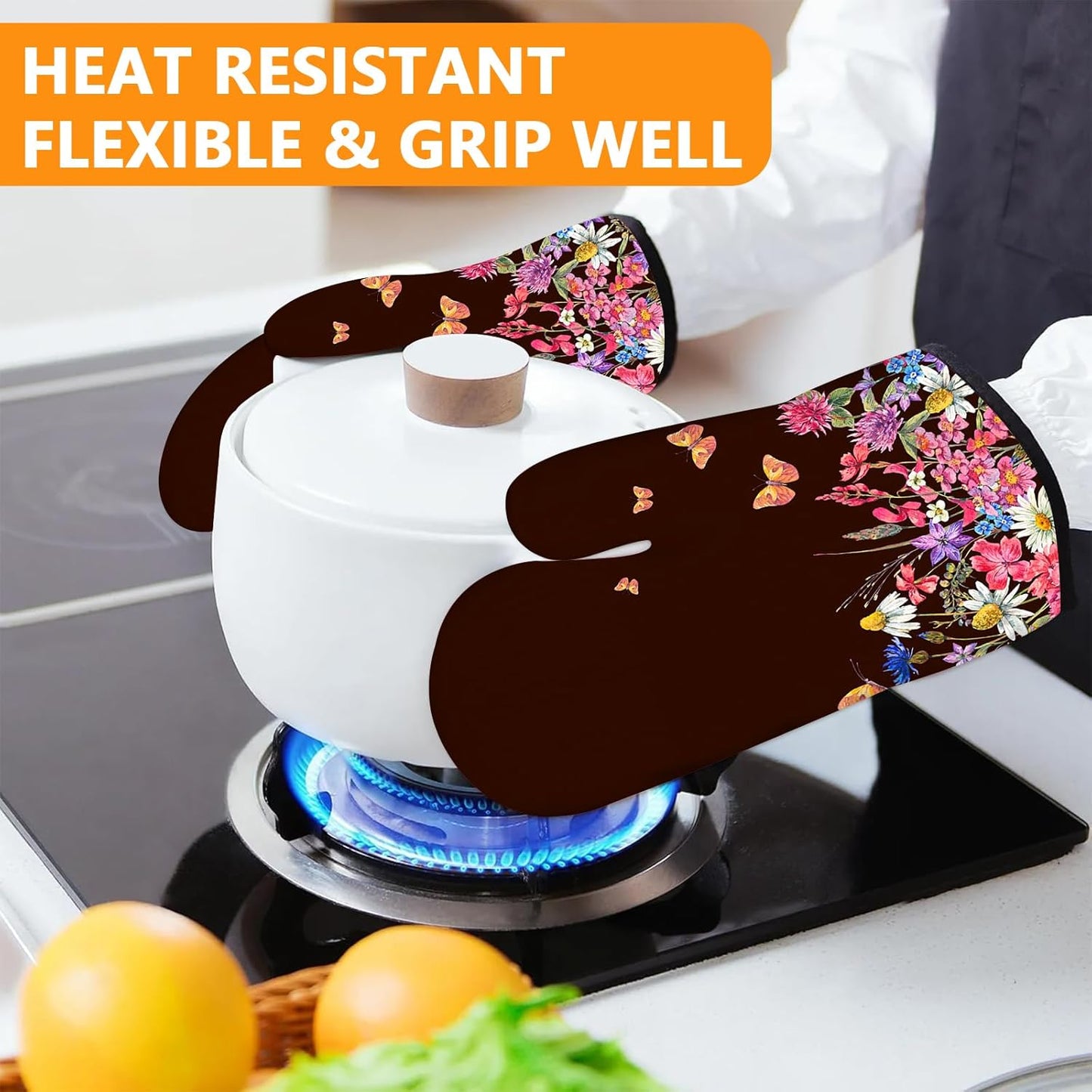 Wildflowers Oven Mitts and Pot Holders Sets 4Pcs,Extra Long Oven Gloves Potholder for Kitchen Cooking Baking BBQ 100% Cotton Heat Resistant