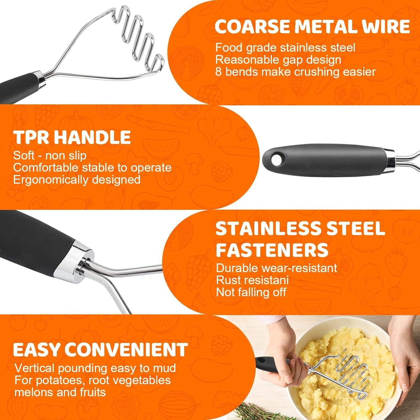 Potato Masher Set of 2 Pieces, 10.25-Inch Stainless Steel Wire Mashed Potato Masher, Kitchen Gourmet Making Tools Professional Integrated Honeycomb, For Vegetable, Fruit, Melon, Potato Etc, Black