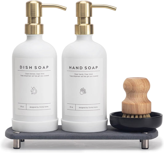 [Luxury] Kitchen Soap Dispenser Set - 16OZ White Glass Bottle, Stainless Steel Pump, Instant Dry Tray, Waterproof Labels, Non-Slip Silicone Pad, and Dish Brush | Upgrade for Your Kitchen and Bathroom