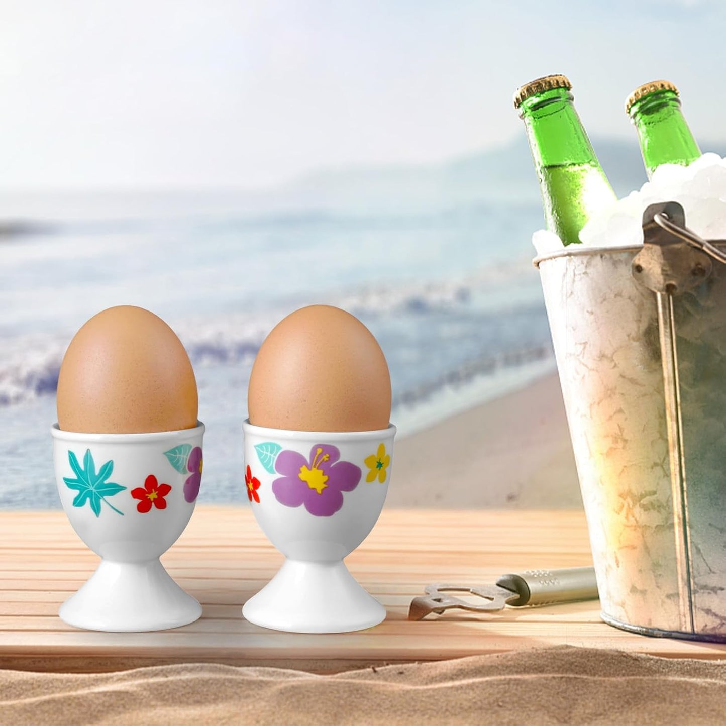 Cinf Ceramic Egg Cups Hawaii Flower Set of 2 Porcelain Holder Breakfast Boiled Cooking Easy to Clean Childhood Memories Kitchen