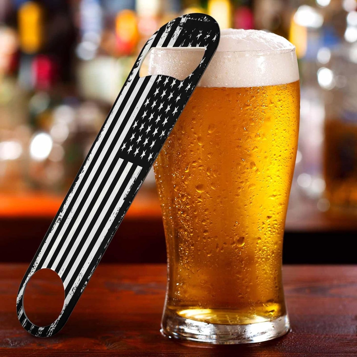 Grunge American Flag Stainless Steel Bottle Opener USA Flag Black and White Stars United Patriotism Flat Beer Bottle Opener Keychain for Home Kitchen Bar Restaurant Party Birthday Gift