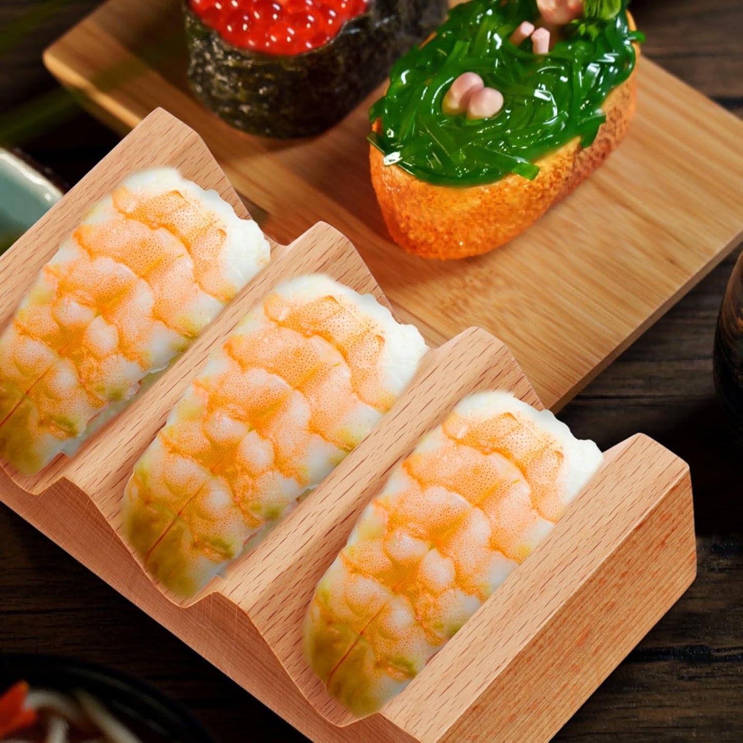 Kichvoe Sushi Holder Wooden Serving Stand: Taco Holder Sushi Rack with 3 Slots - V Shaped Japanese Cuisine Serving Tray for Kitchen Counter Or Dining Table, 5.11 * 2.87 * 1.69inch