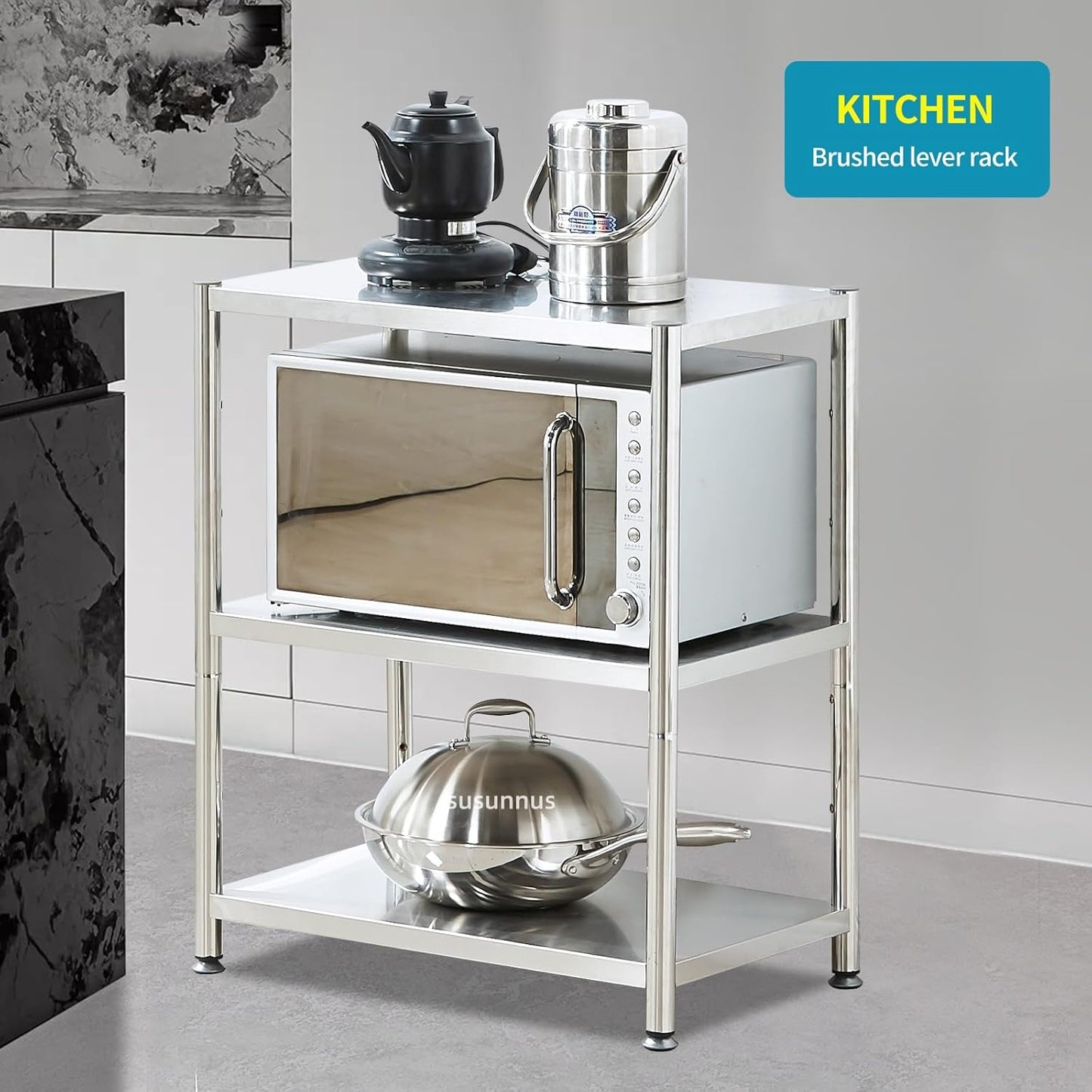 susunnus 3-Tier Stainless Steel Shelf, Heavy Duty Shelving for Kitchen, Garage, Industrial Storage, Kitchen Shelves Adjustable Feet, Easy to Clean(3T-24.8in*15.8in(Without guardrails))