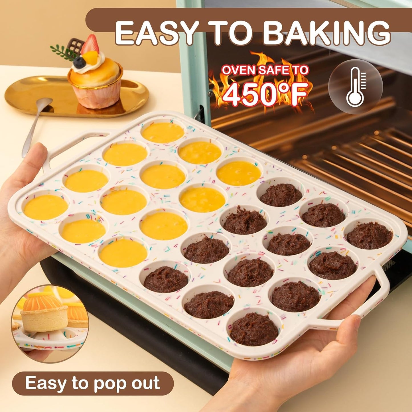 Silicone Mini Muffin Pan, 24 Cups Muffin Tin Baking Mold With Reinforced Stainless Steel Frame Inside, Nonstick Bakeware Cupcake Pan BPA Free