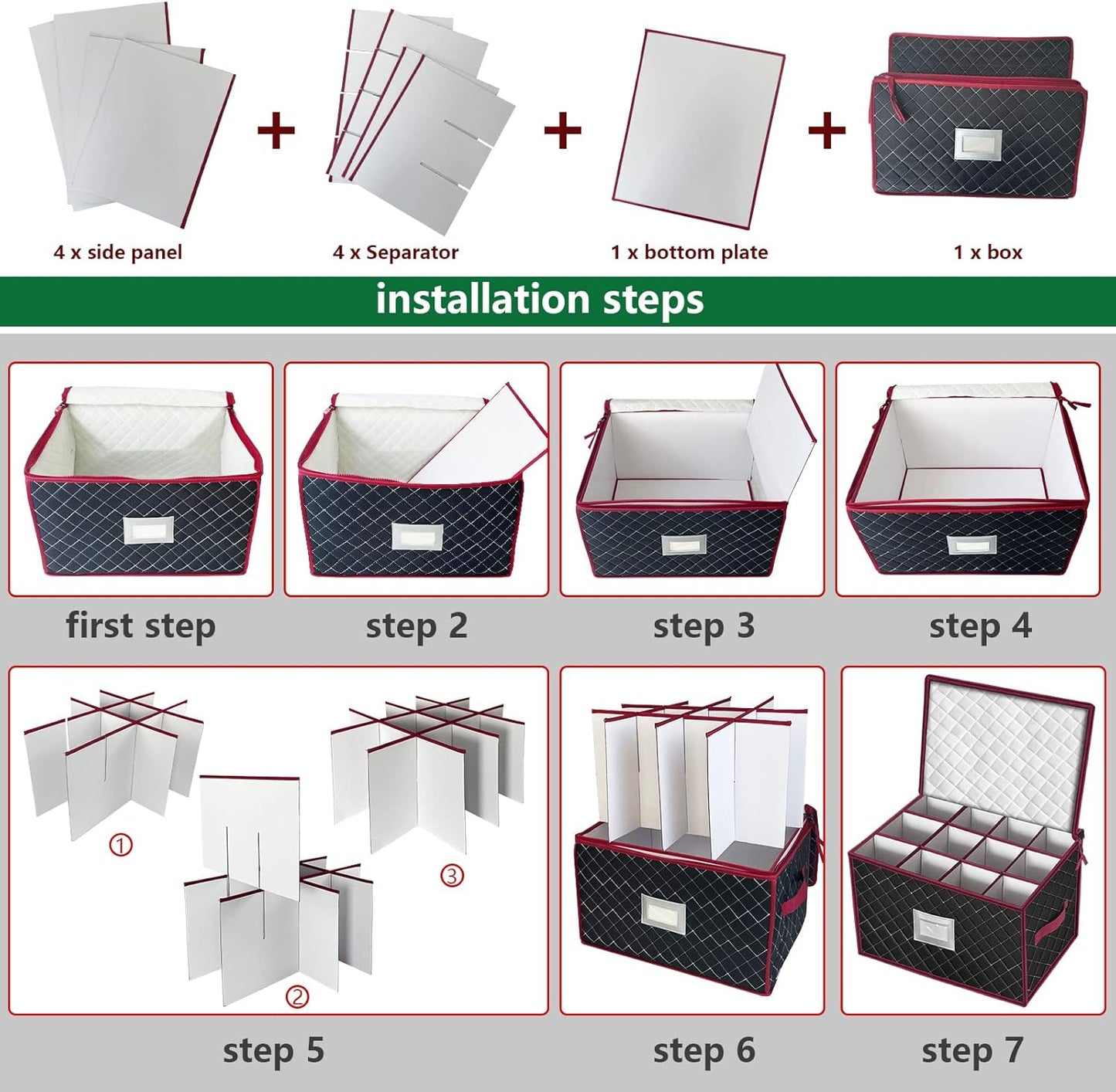 VERONLY Christmas Stemware Storage Cases with Dividers- Holds 24 Wine Glass Storage or Crystal Glassware Containers, China Storage Containers with 2 Handles and Lable Window -Set of 2 Black