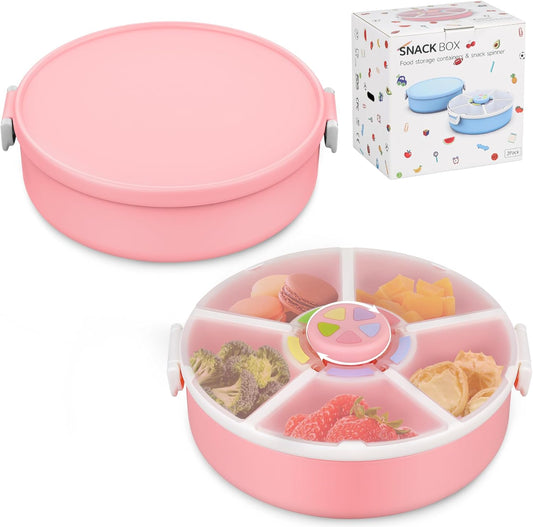 Snack Spinner Set for Kids – 2-Pack, Includes Rotating Snack Container & Classic Sectioned Snack Box, BPA-Free, Dishwasher Safe, Perfect for Travel, Pink