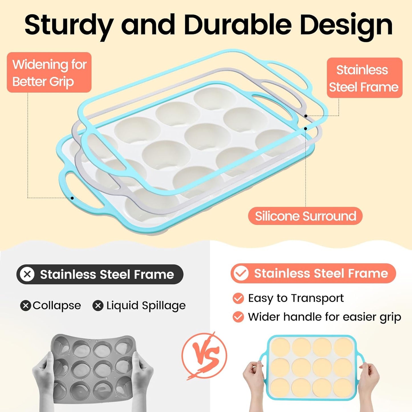 Silicone Muffin Pans for Baking 2 Pack, 2.6 Inch with Metal Reinforced Frame, Regular Size Nonstick Cupcake Pan 12 Cups for Baking Homemade Muffins, Dishwasher Safe BPA Free-Blue