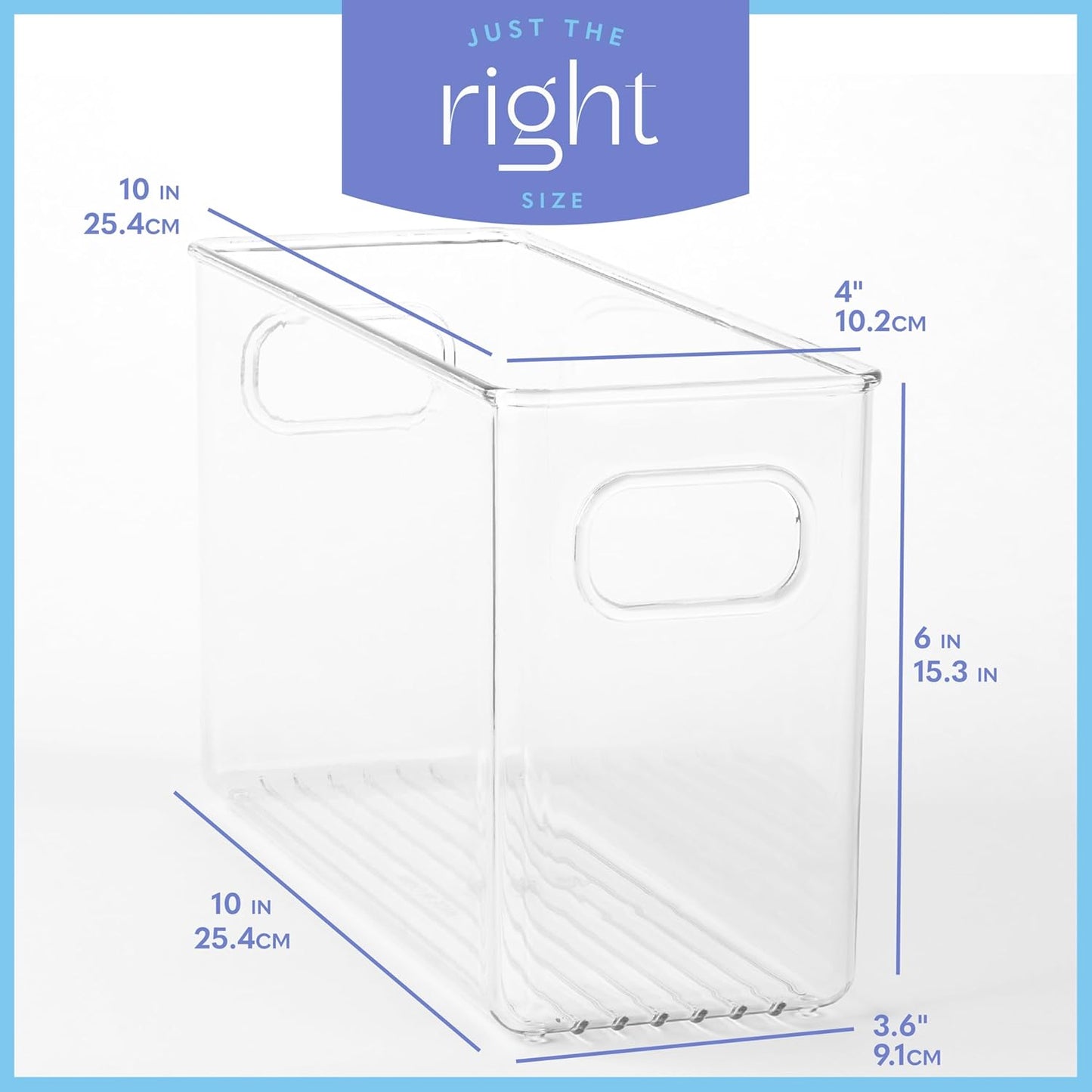 Plastic Food Storage 2 Pack Clear Container Bin with Handles for Organizing Kitchen, Pantry, Refrigerator, Freezer, Pantry, Cabinet, Closet, Bathroom. 10”x4”x6”