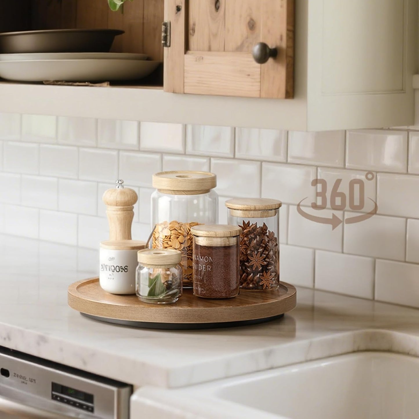 LAMU 9'' Acacia Wood Lazy Susan Organizer for Table Top, Lazy Susan Turntable for Cabinet, Kitchen, Countertop, Pantry Organization