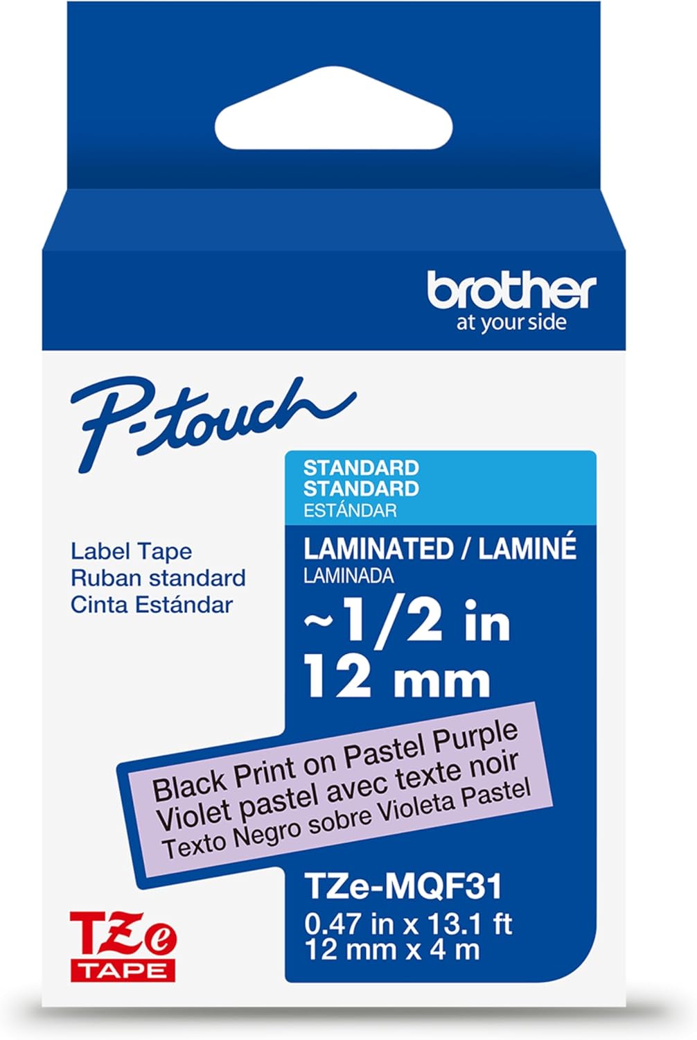 Brother Genuine P-Touch TZE-MQF31 Tape, 1/2" (0.47") Wide Standard Laminated Tape, Black on Pastel Purple, Laminated for Indoor or Outdoor Use, Water-Resistant, 0.47" x 26.2' (12mm x 8M), TZEMQF31