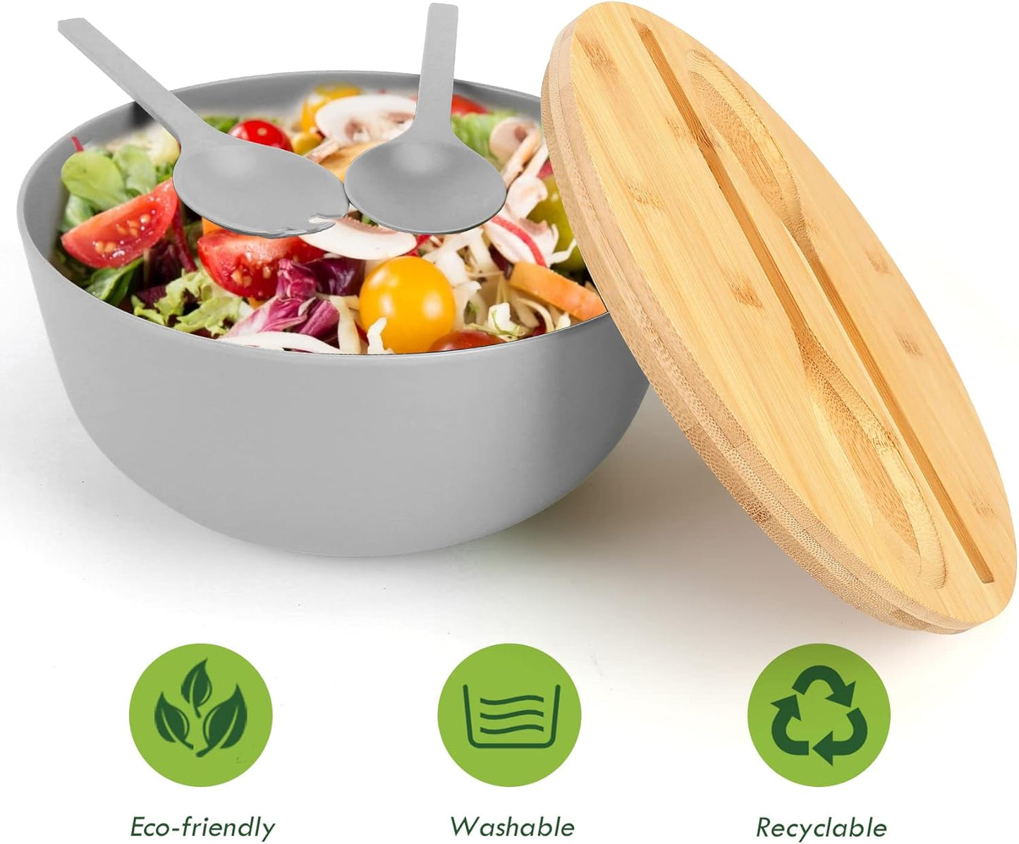 Large Salad Bowl with Lid, Bamboo Fiber Salad Serving Bowl Set with Utensils, 9.8inches Mixing Bowl with Servers, Solid Bamboo Wooden Bowl for Salad, Fruits, Vegetables and Pasta(Gray)