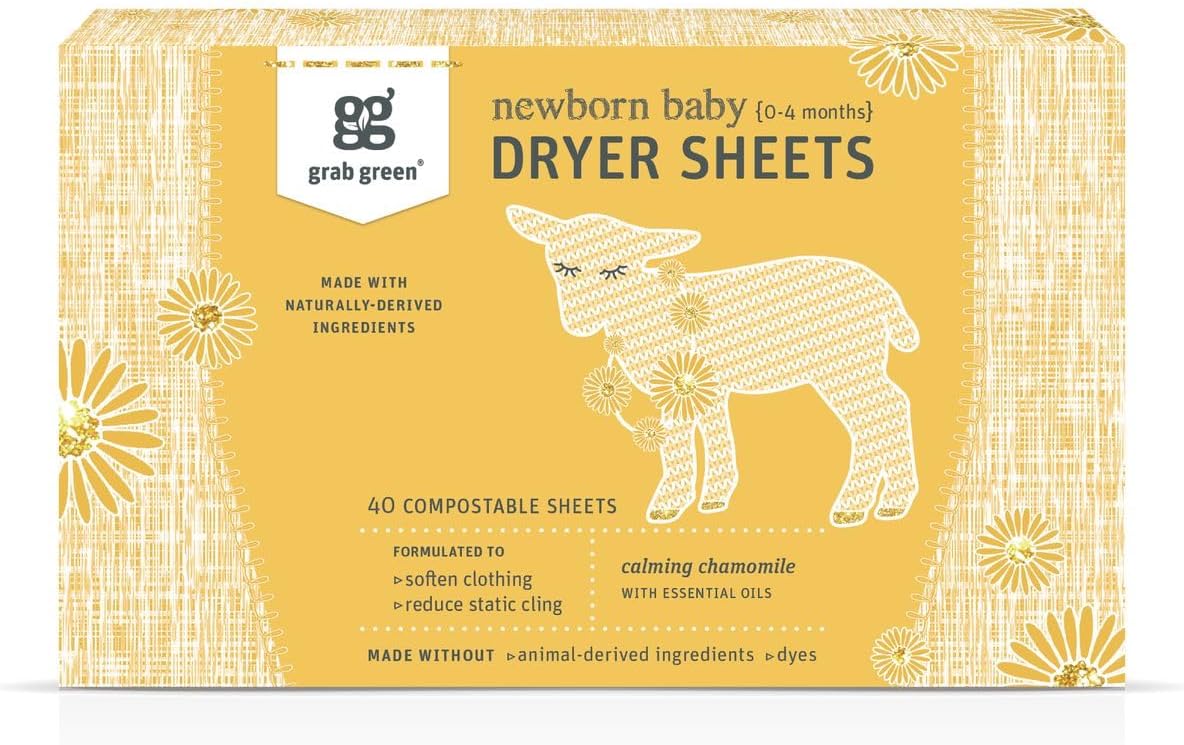 Grab Green Newborn Baby Dryer Sheets, 40 Sheets, Chamomile Scent, Plant and Mineral Based, Compostable, Softens Clothing and Linens, Reduces Static Cling
