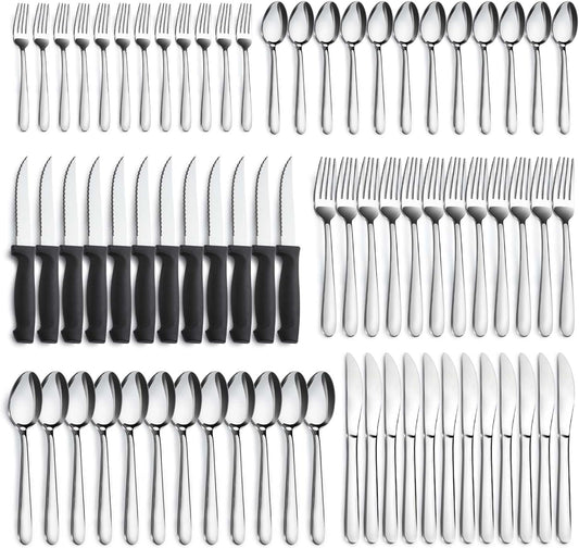Pleafind 72-Pieces Silverware Set for 12, Flatware Set with Steak Knives, Stainless Steel Cutlery Set, Include Forks Spoons and Knives Set, Dishwasher Safe Utensil Sets for Home Restaurant