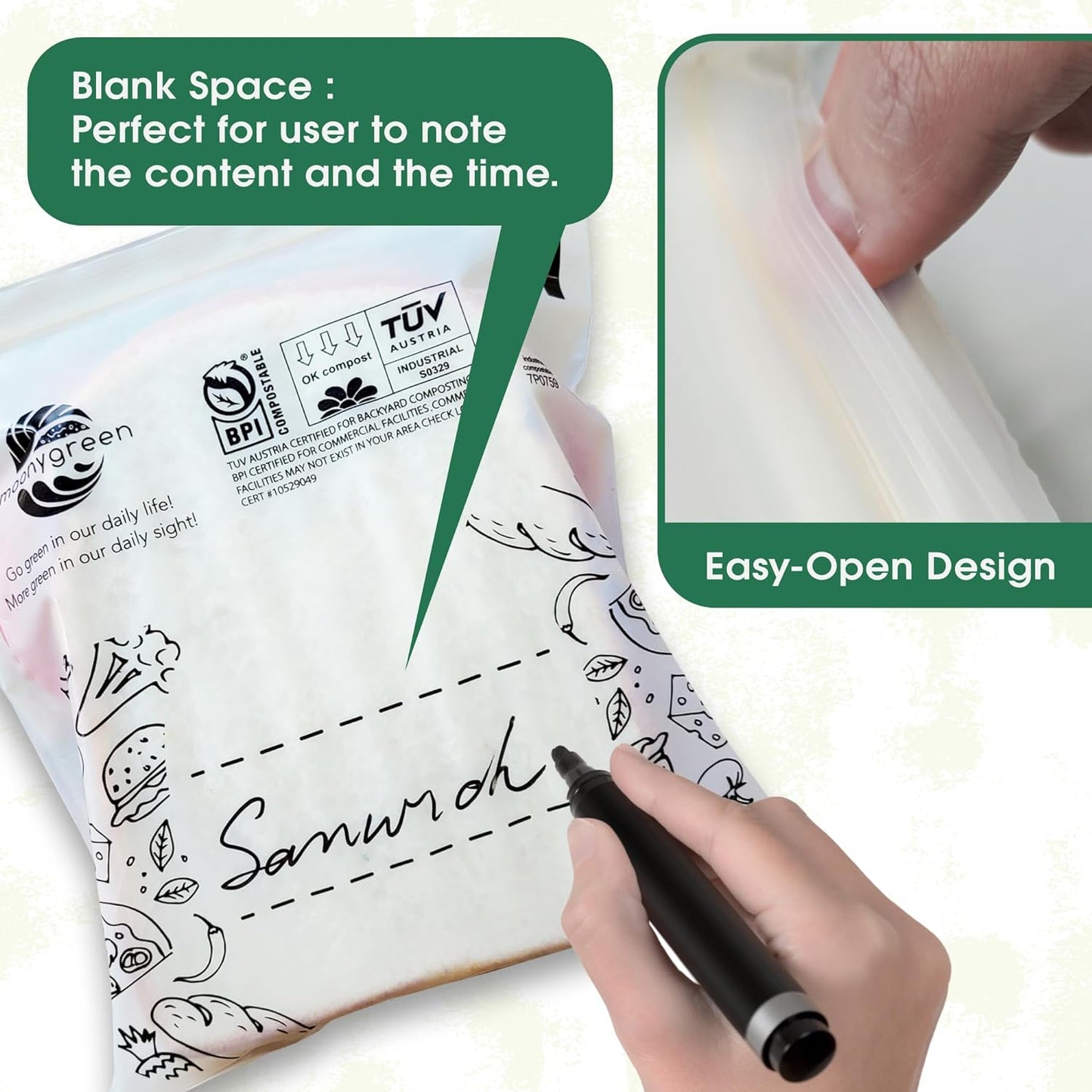 Compostable Food Storage Bags, Resealable Sandwich Bags, 50 Count, 6.7 x 6.8 inches, Extra Thick, Certified US BPI ASTM D6400 Europe OK Compost