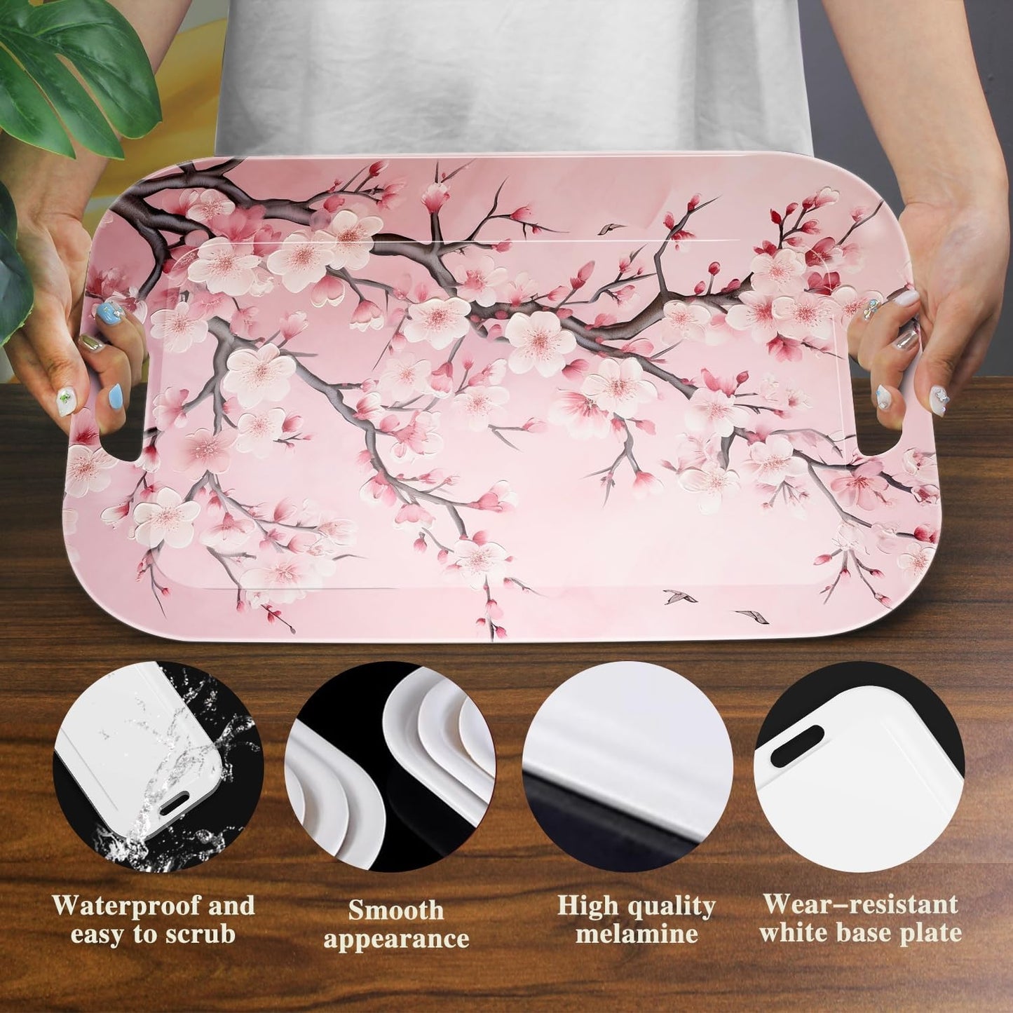 Serving Trays with Handles, 14.5 x 9.8 inch Rectangular Plastic Tray for Restaurant, Kitchen, Pink Cherry Blossom