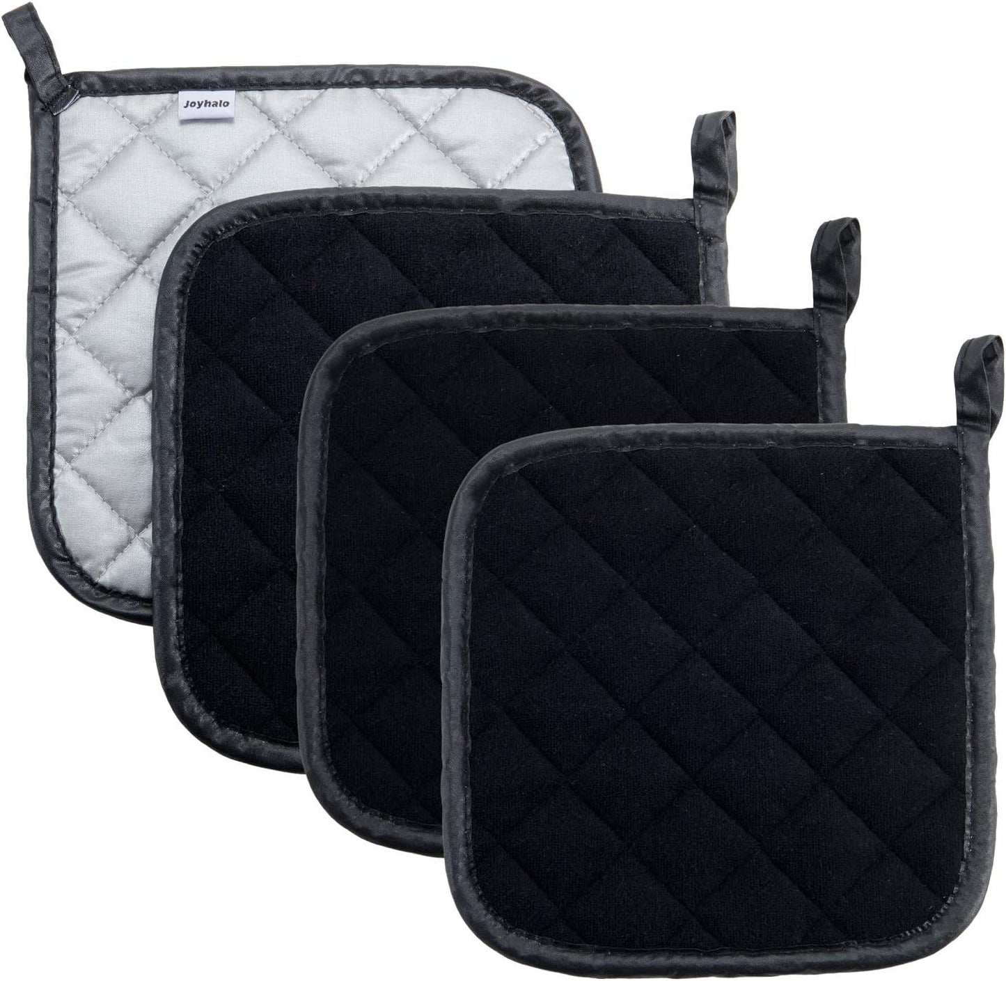 Joyhalo 4 Pack Pot Holders - Heat Resistant Oven Hot Pads, Terry Cloth, Black