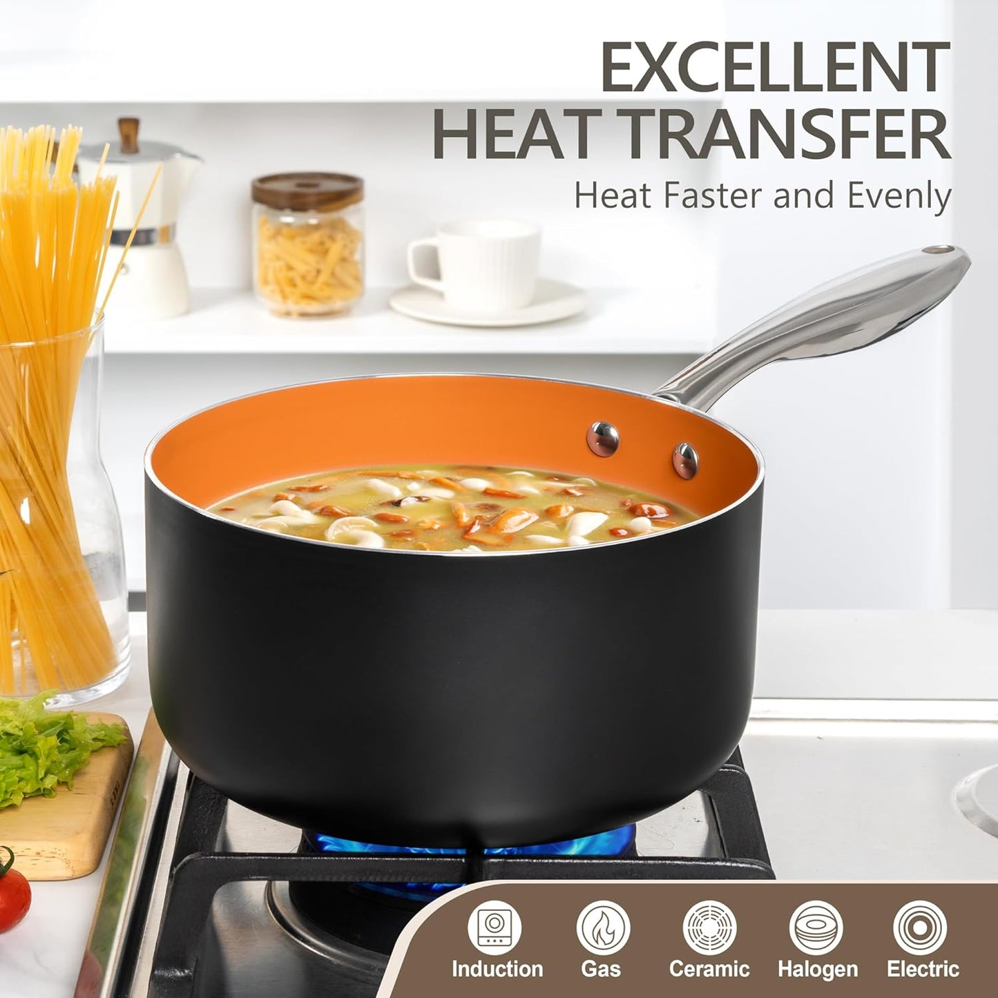 MICHELANGELO 4 Quart Saucepan with Lid - Ultra Nonstick Sauce Pan with Ceramic Coating, 4 Qt Non Stick Pot Induction Compatible, Copper