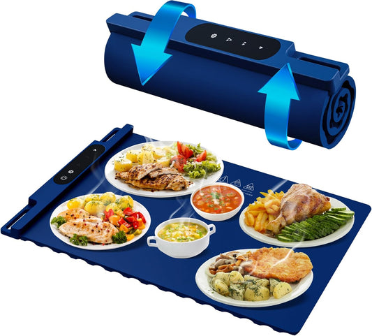 OMEO Food Warming Mat - Electric Warming Tray with 3 Temperature Settings and 1-4 Hours Timer, Full Surface Graphene Food Warmer, Premium Rollable Silicone Heating Mat Food, Gatherings, Parties(Blue)