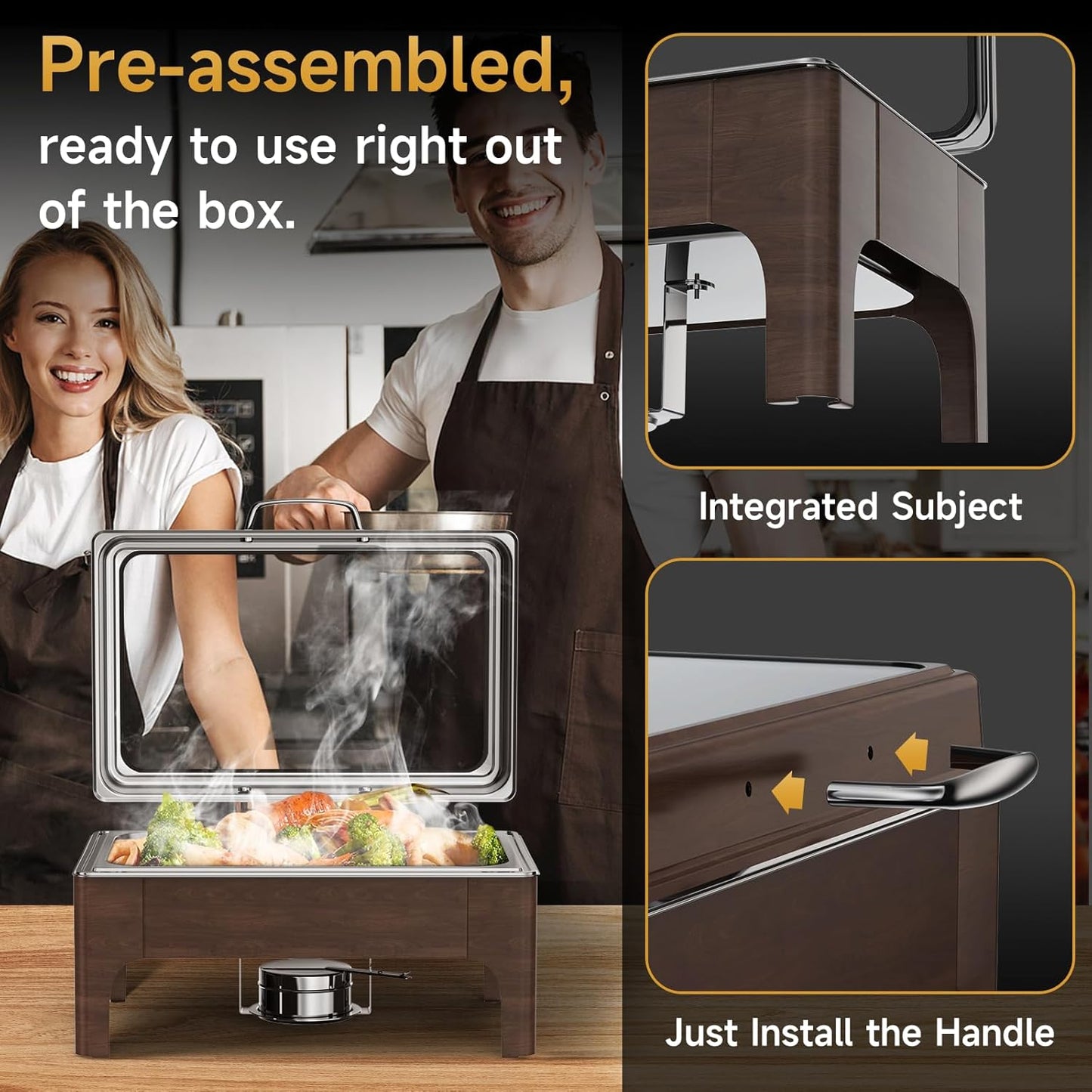 Chafing Dishes for Buffet, 9.5QT Square Stainless Steel Chafing Dish with Transparent Hydraulic Lid, 304 Food Pan, Buffet Warmer for Parties and Events (Wood Color)