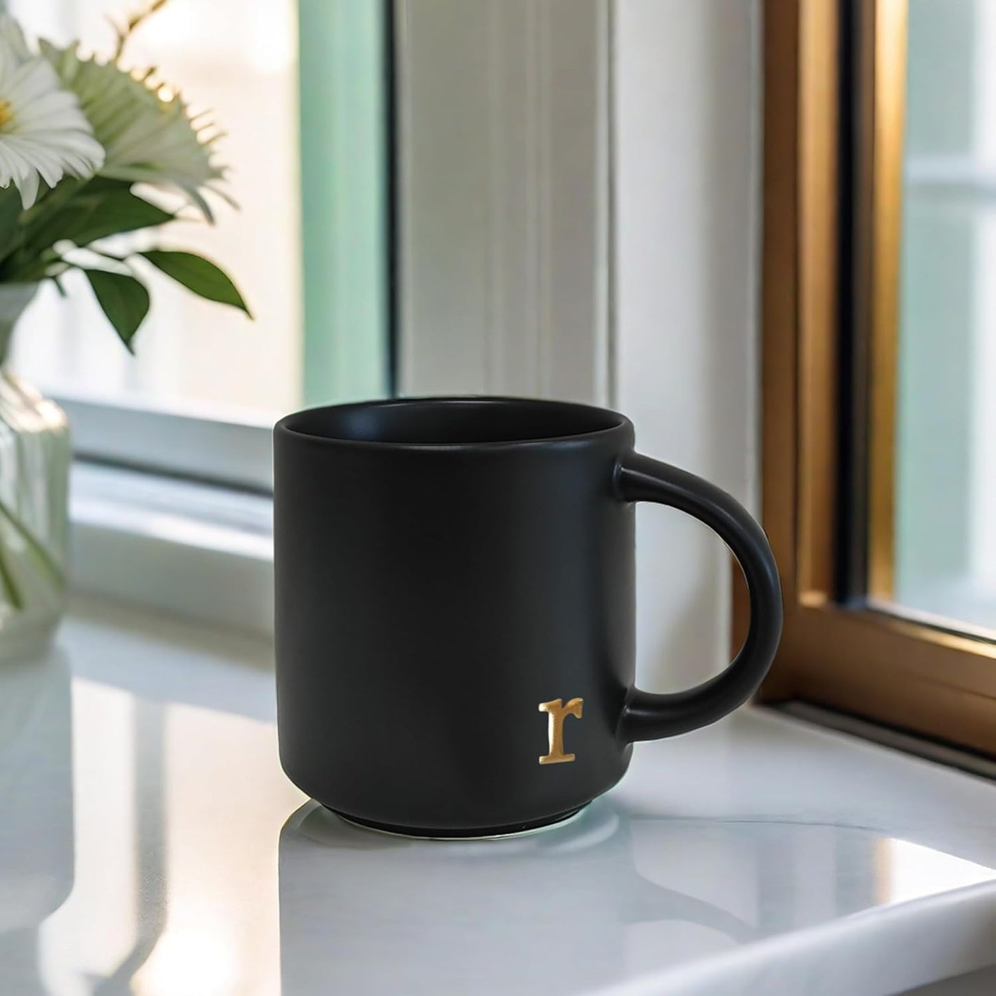 COLLECTIVE HOME - Black Monogram Ceramic Mugs, 15 oz Golden Initial Coffee Cups, Elegant Alphabet Tea Mugs, Personalized Halloween Mug with Gift Box, Perfect for Office and Home Décor (r)