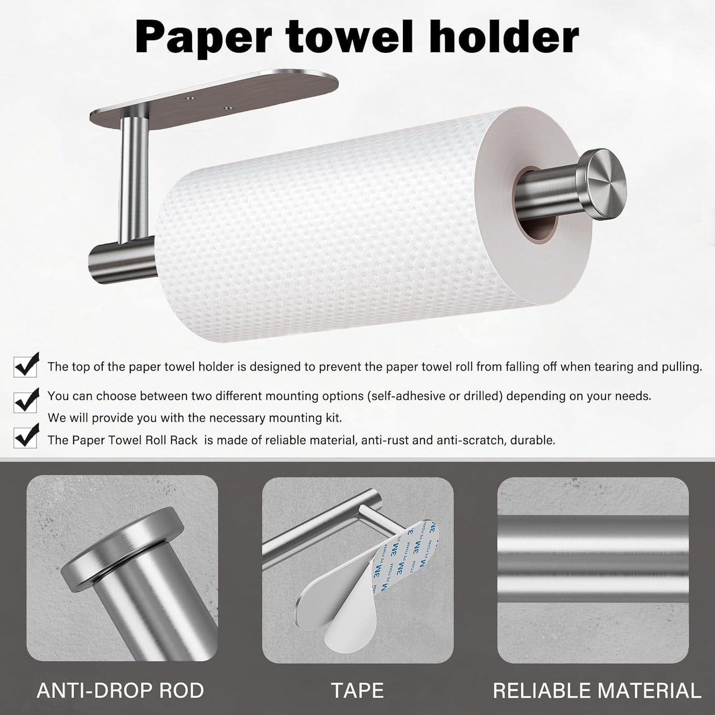 Self Adhesive or Drilling Paper Towel Holder Under Cabinet,Silver Stainless Steel Hanging Paper Towel Holder Wall Mount for Kitchen Paper Towel,Under Counter Paper Towel Roll Rack for Home,Bathroom,RV