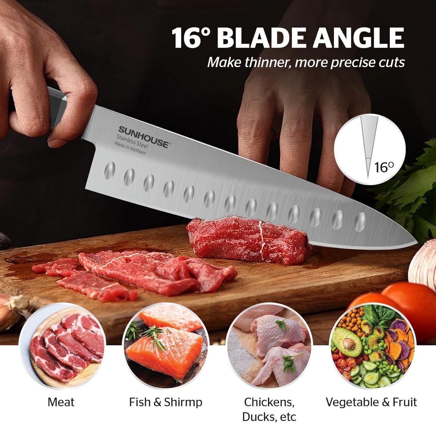 Sunhouse PREMIUM Chef Knife 7.9 inch, AUS-8 Stainless Steel – Superior 62HRC Hardness, Razor Sharp Blade, Full Tang, Ergonomic Handle, Perfect Gifts for Mom or Dad,Premium Gifts Box