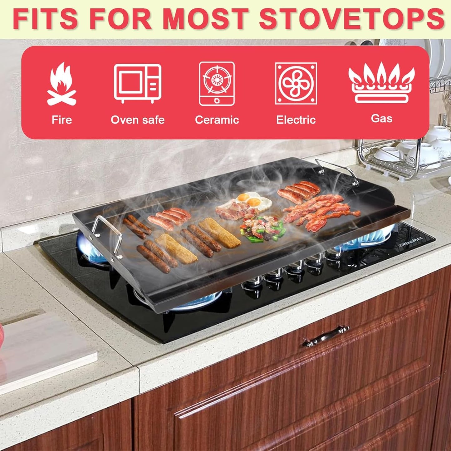 DcYourHome Universal Griddle Insert for Gas Grill/Gas Stove, Nonstick Carbon Steel Flat Top Griddle Plate for Camp Chef, Nexgrill, Kenmore Etc. All Gas Grills, Flat Top for Stove 4 Burner 17" x 13"