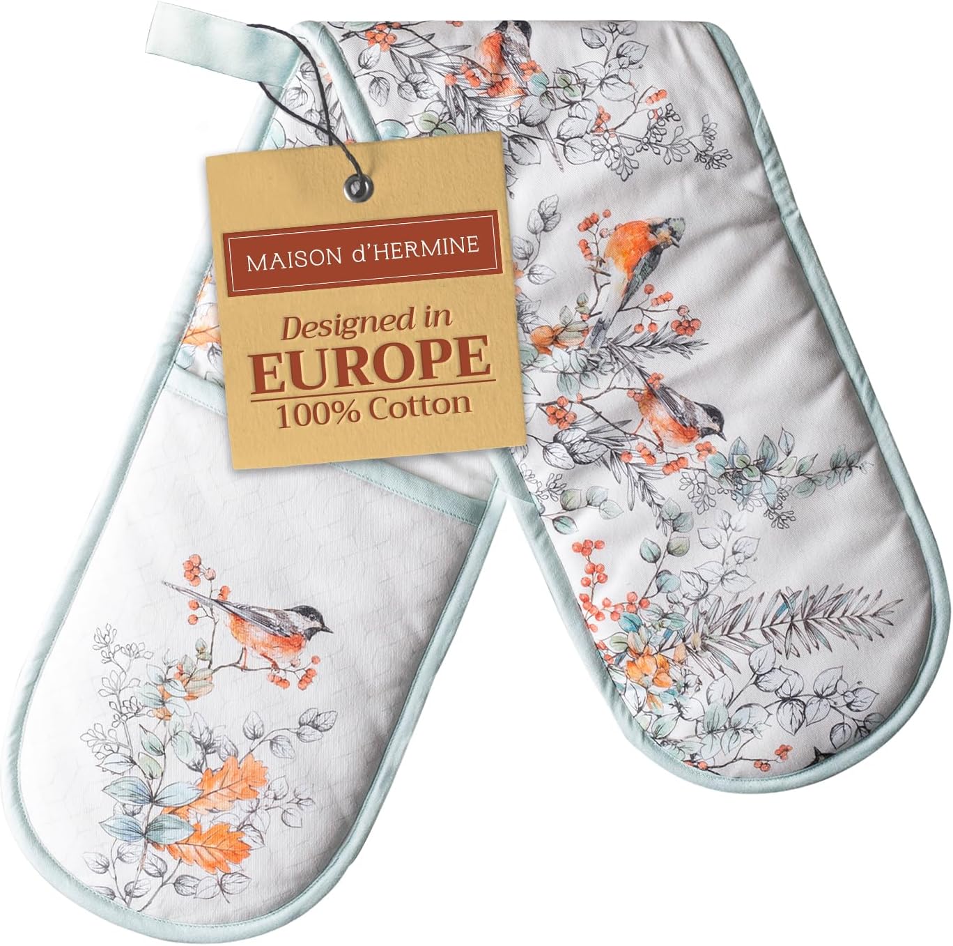 Maison d' Hermine Double Oven Mitt 100% Cotton Heat Resistant Cooking Gloves with Loop, Baking Barbeque, Handling Hot Pan, Whitish Shabby Chique - Thanksgiving/Christmas (7 Inch x 35 Inch)