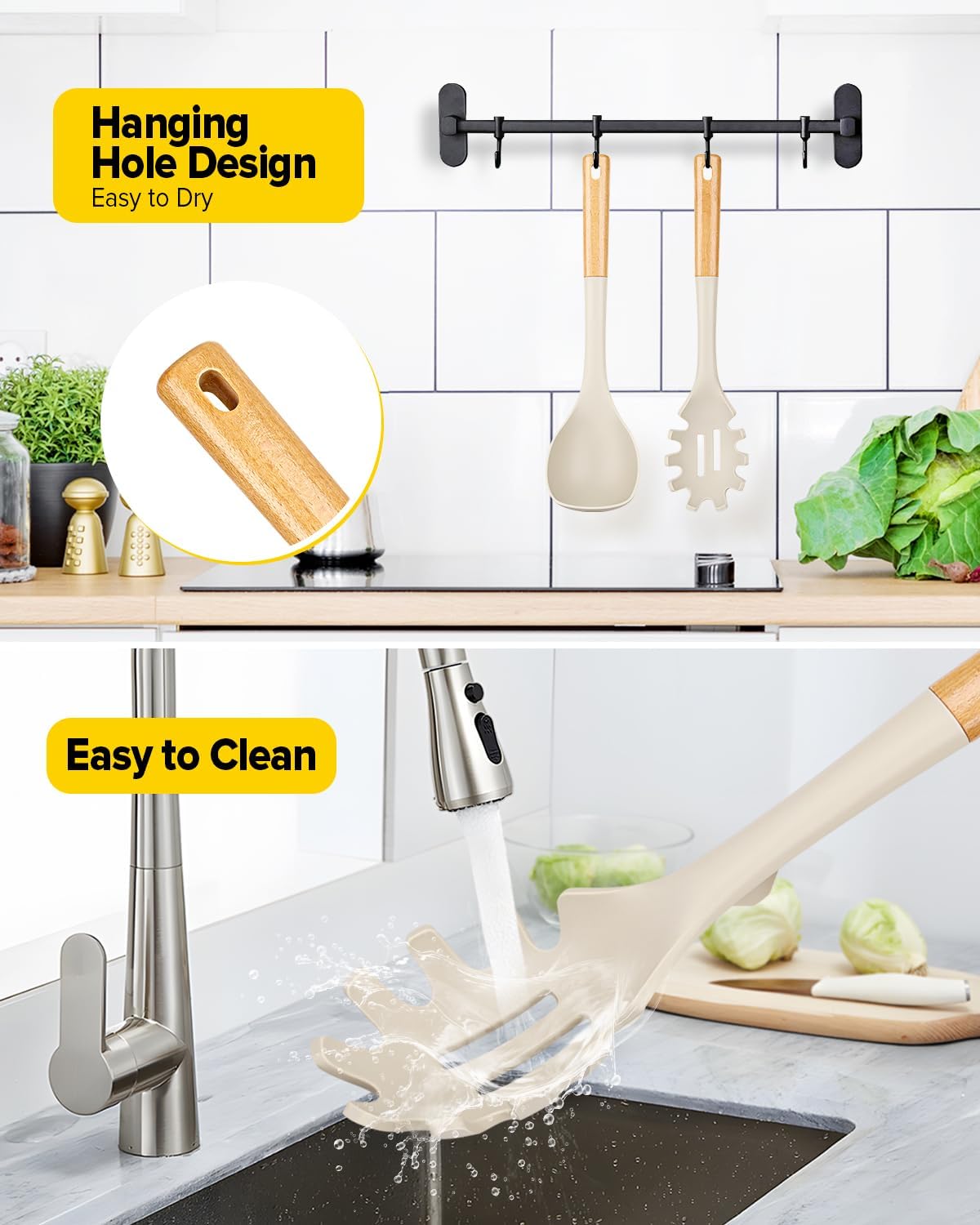 Silicone Soup Ladle and Spaghetti Spoon Set with Wooden Handle, Non Stick Heat Resistant Kitchen Utensils for Cooking, Stirring, Serving Pasta, Soup & Sauce(KHAKI)