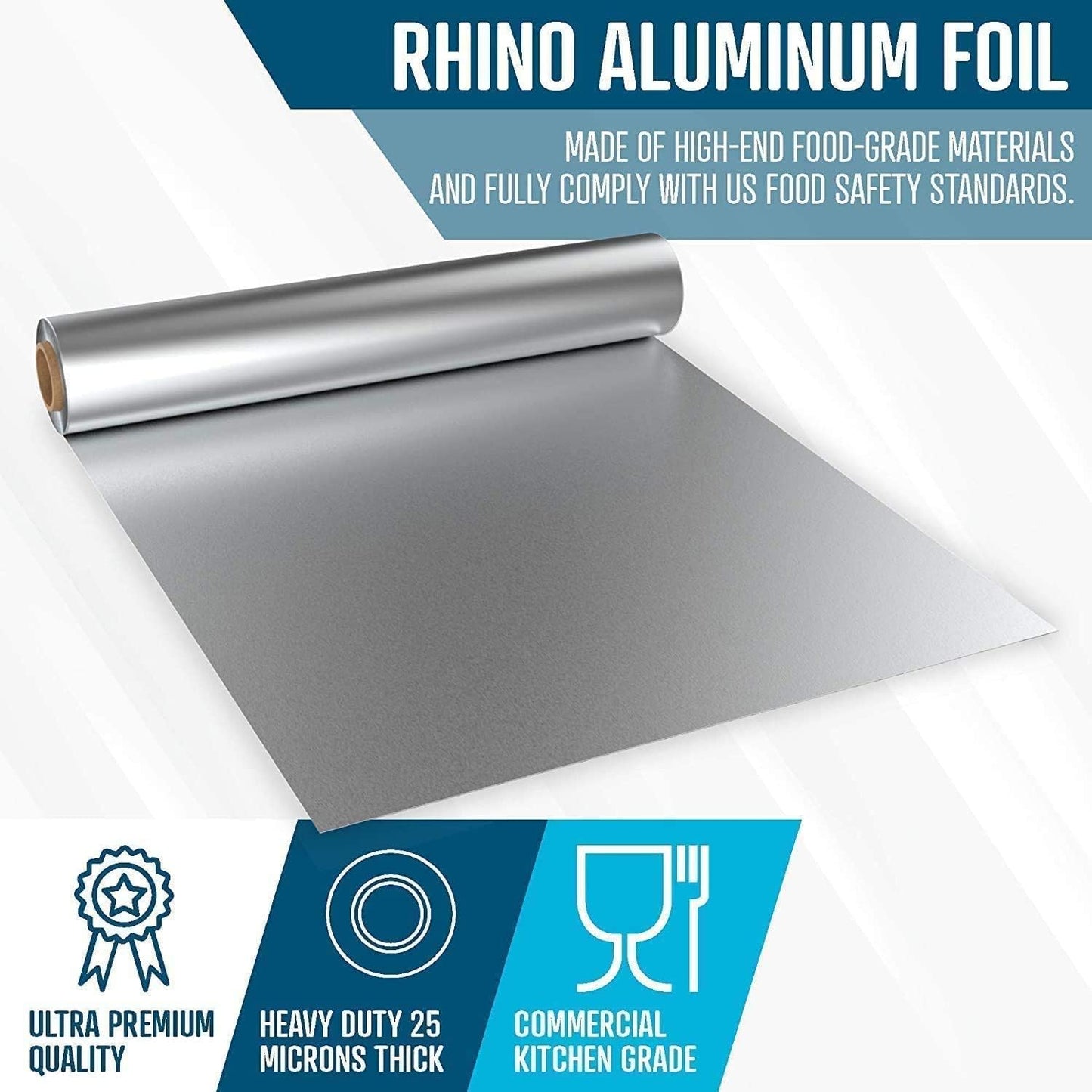 Rhino Aluminum Heavy Duty Aluminum Foil | Rhino 12 x 350 sf Long Roll, 25 Microns Thick | Commercial Grade & Extra Thick, Strong Enough for Food Service Industry (Pack of 4)