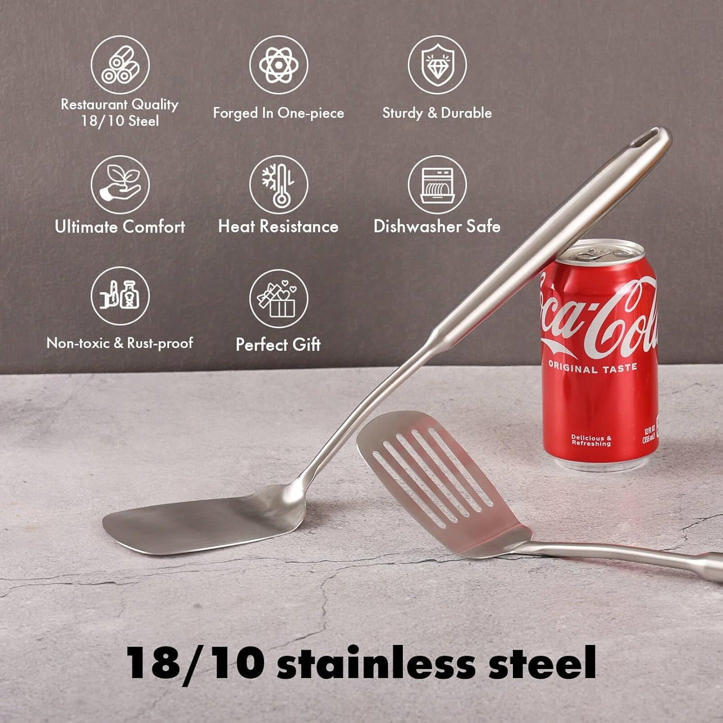 18/10 Stainless Steel Spatulas Set - 15” Long Spatulas for Kitchen, Metal Cooking Utensils - 1 Slotted Spatula + 1 Solid Turner (style A - all metal brushed)